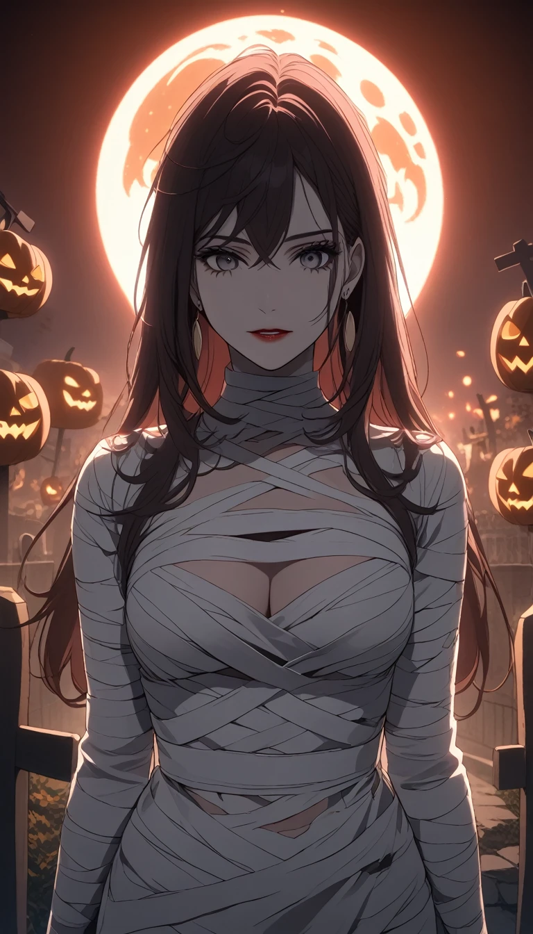 Momo ayase, cabello cafe, ojos cafes,s (masterpiece, best quality:1.2), 1 beautiful girl, detailed eyes, detailed lips,detailed face and skin, long eyelashes, solo, mummy, bandage, creepy, standing, looking at viewer, straight-on, graveyard, full moon, night, Halloween, dark, moody, atmospheric, cinematic lighting, dramatic shadows, surreal, horror, mystery, coffin 