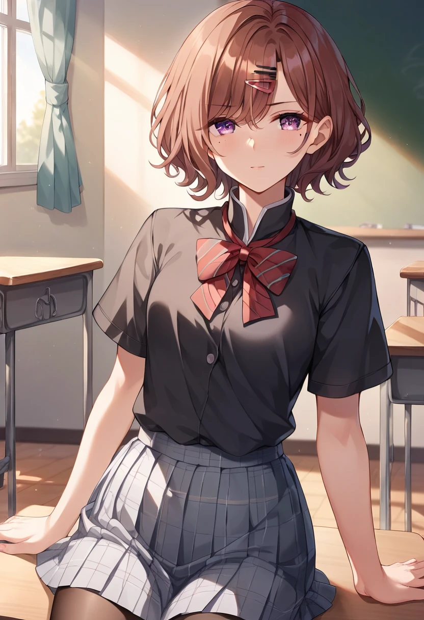 madokahiguchi, madoka higuchi, brown hair,  eyebrows hidden by hair, grey background, hair ornament, hairclip, mole, mole under eye, (purple eyes:1.1), short hair, wavy hair, (small breast:1.2),
BREAK black pantyhose, black shirt, pantyhose, plaid, plaid skirt, pleated skirt, school uniform, shirt, skirt, wavy hair,
BREAK indoors, classroom,
BREAK looking at viewer, 
BREAK (masterpiece:1.2), best quality, high resolution, unity 8k wallpaper, (illustration:0.8), (beautiful detailed eyes:1.6), extremely detailed face, perfect lighting, extremely detailed CG, (perfect hands, perfect anatomy),