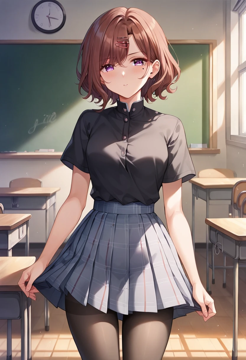 madokahiguchi, madoka higuchi, brown hair,  eyebrows hidden by hair, grey background, hair ornament, hairclip, mole, mole under eye, (purple eyes:1.1), short hair, wavy hair, (small breast:1.2),
BREAK black pantyhose, black shirt, pantyhose, plaid, plaid skirt, pleated skirt, school uniform, shirt, skirt, wavy hair,
BREAK indoors, classroom,
BREAK looking at viewer, 
BREAK (masterpiece:1.2), best quality, high resolution, unity 8k wallpaper, (illustration:0.8), (beautiful detailed eyes:1.6), extremely detailed face, perfect lighting, extremely detailed CG, (perfect hands, perfect anatomy),