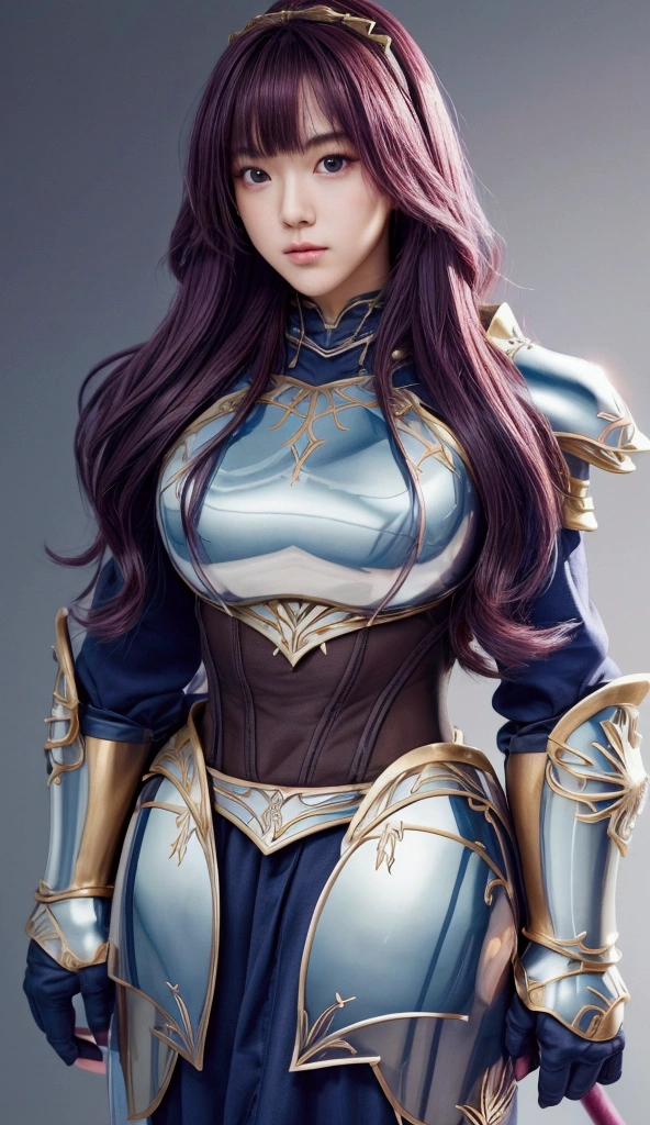 reality（1.4）， Game Characters ，Epic Collection ，cartoon，Japanese female warrior，Special lance，Shiny long hair with natural curls and gradient,Big breasts， Lusty Long Hair Natural Roll Wearing Blue Armor Dress ， Shiny Pattern Design ，   sparkle effect, 8k Octagonal Rendering, 