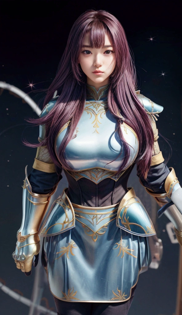 reality（1.4）， Game Characters ，Epic Collection ，cartoon，Japanese female warrior，Special lance，Shiny long hair with natural curls and gradient,Big breasts， Lusty Long Hair Natural Roll Wearing Blue Armor Dress ， Shiny Pattern Design ，   sparkle effect, 8k Octagonal Rendering, 