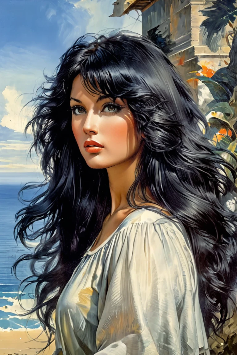  beautiful woman  with long black hair ,, Fantastic Paintings by Paolo Eleuteri Serpieri ,high quality, 