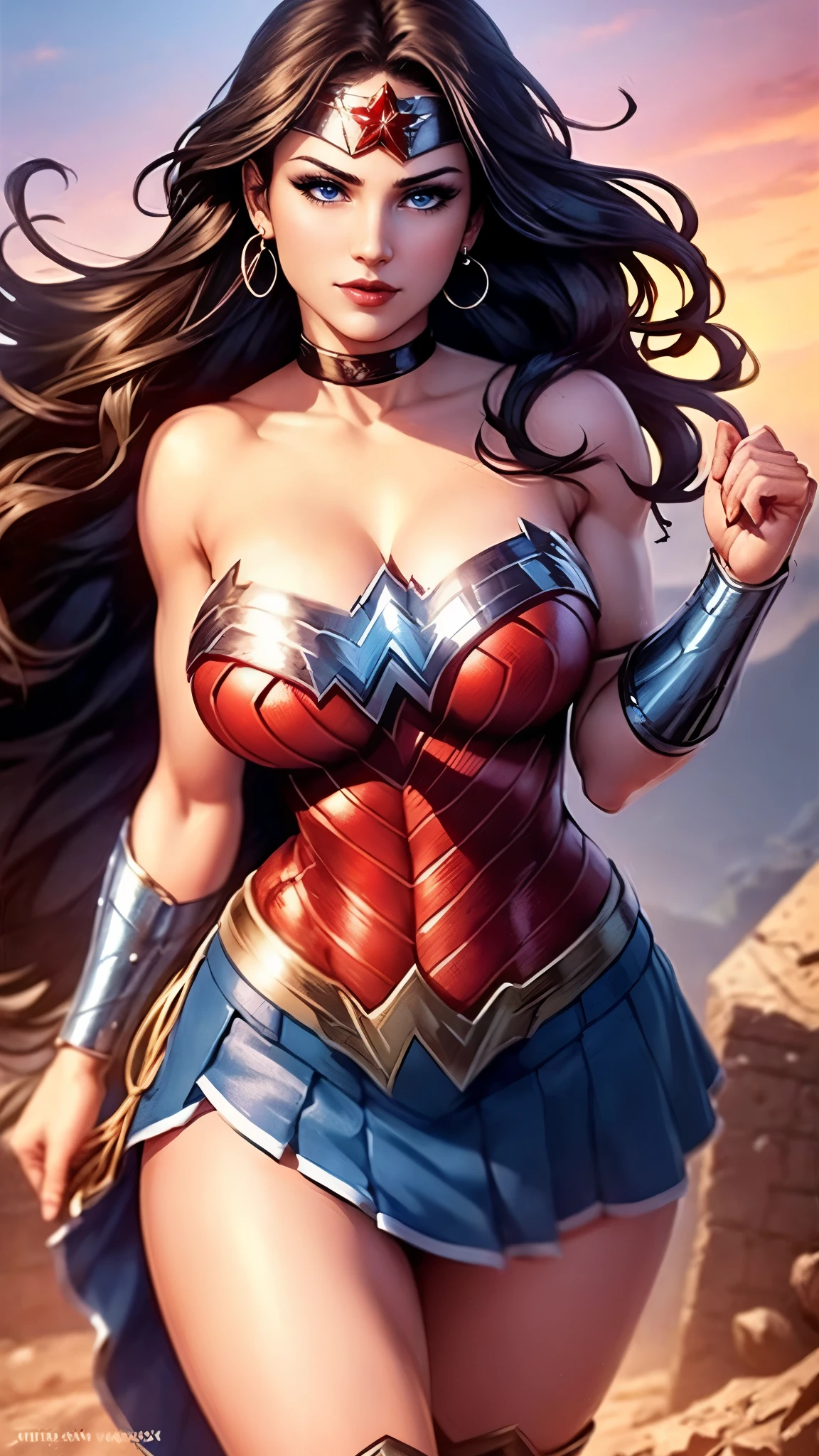 Wonder woman da DV,(best quality, 4K,8k,high resolution,work of art:1.2)(weather: midday), greek city background, temple ruins, wide hips, long straight hair, brown hair, freckles, sleeveless top, micro shorts, diadem, earrings, thigh high boots, cleavage, bracelets,  long knight skirt, long knight cloak, light makeup, dark eyeshadow, blush, flirting pose, glowing eyes, ultra detailed,portrait,realistic,beautiful detailed blue eyes, beautiful detailed lips,extremely detailed eye and face, long eyelashes,average, large breasts,flying hair,beaming smile, sexy smile, powerful girl, bright coloured, dramatic lighting,