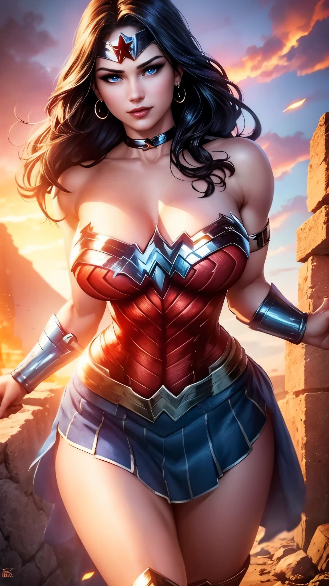 Wonder woman da DV,(best quality, 4K,8k,high resolution,work of art:1.2)(weather: midday), greek city background, temple ruins, wide hips, long straight hair, brown hair, freckles, sleeveless top, micro shorts, diadem, earrings, thigh high boots, cleavage, bracelets,  long knight skirt, long knight cloak, light makeup, dark eyeshadow, blush, flirting pose, glowing eyes, ultra detailed,portrait,realistic,beautiful detailed blue eyes, beautiful detailed lips,extremely detailed eye and face, long eyelashes,average, large breasts,flying hair,beaming smile, sexy smile, powerful girl, bright coloured, dramatic lighting,