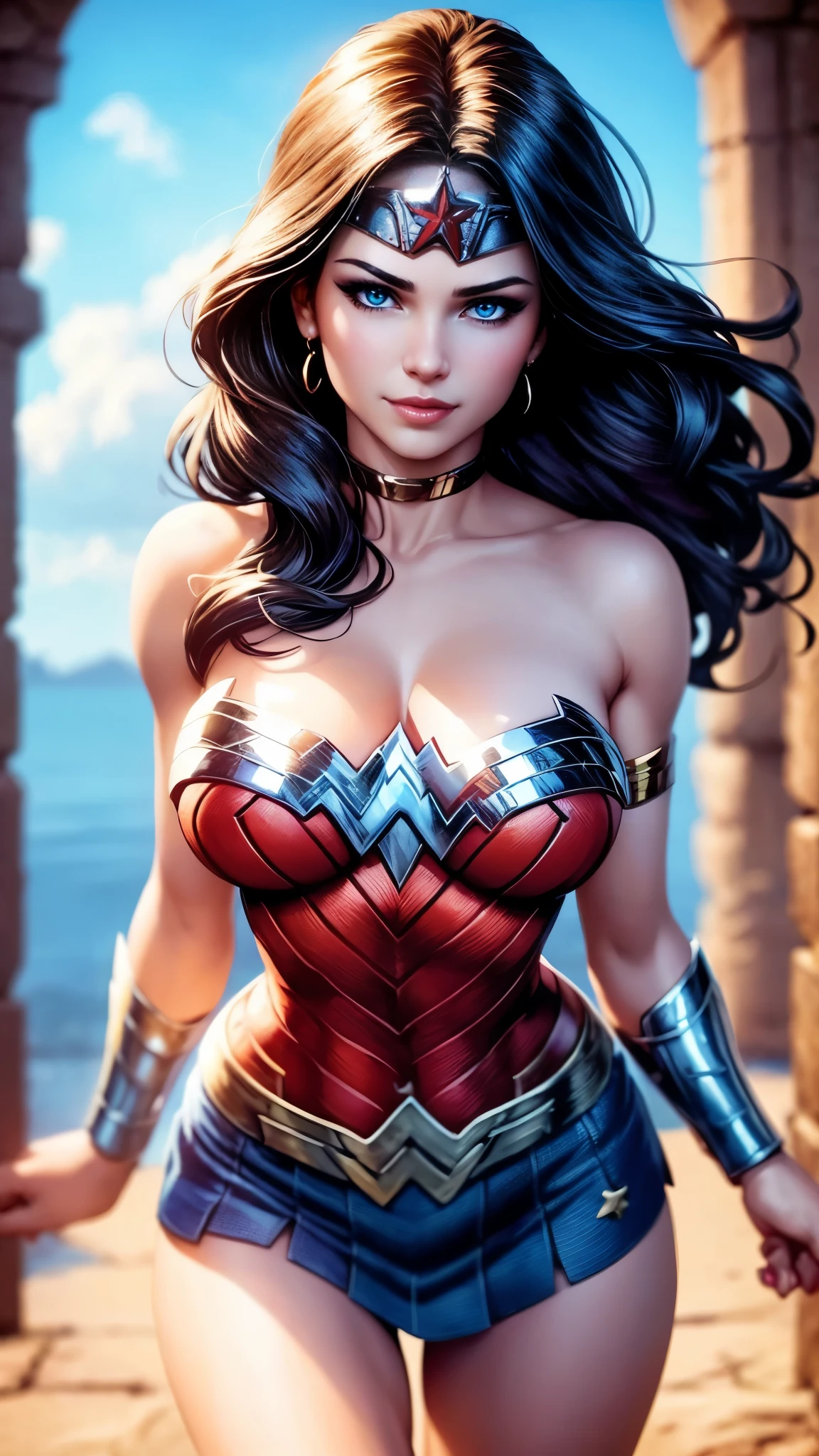 Wonder woman da DV,(best quality, 4K,8k,high resolution,work of art:1.2)(weather: midday), greek city background, temple ruins, wide hips, long straight hair, brown hair, freckles, sleeveless top, micro shorts, diadem, earrings, thigh high boots, cleavage, bracelets,  long knight skirt, long knight cloak, light makeup, dark eyeshadow, blush, flirting pose, glowing eyes, ultra detailed,portrait,realistic,beautiful detailed blue eyes, beautiful detailed lips,extremely detailed eye and face, long eyelashes,average, large breasts,flying hair,beaming smile, sexy smile, powerful girl, bright coloured, dramatic lighting,