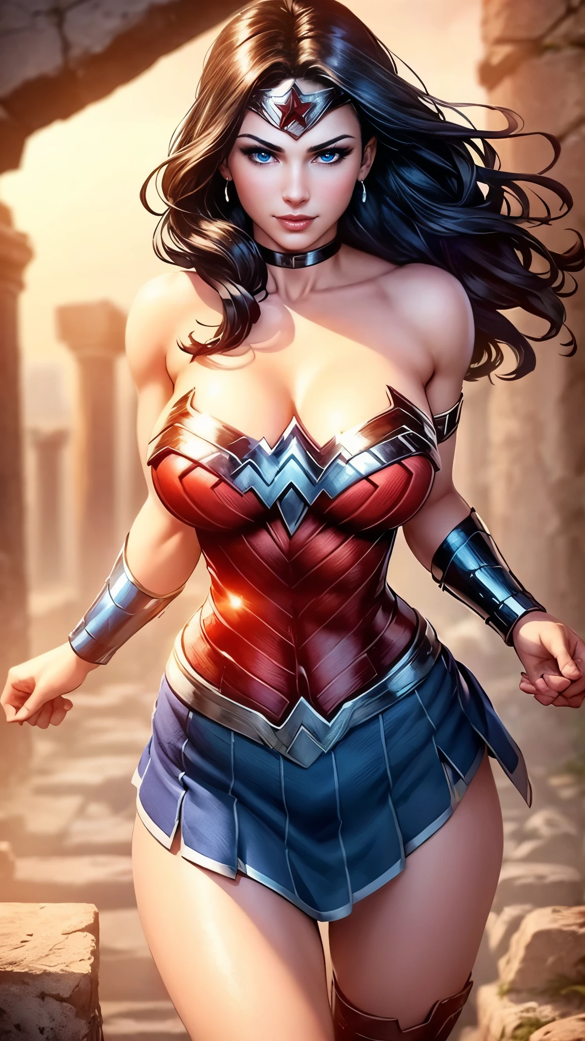 Wonder woman da DV,(best quality, 4K,8k,high resolution,work of art:1.2)(weather: midday), greek city background, temple ruins, wide hips, long straight hair, brown hair, freckles, sleeveless top, micro shorts, diadem, earrings, thigh high boots, cleavage, bracelets,  long knight skirt, long knight cloak, light makeup, dark eyeshadow, blush, flirting pose, glowing eyes, ultra detailed,portrait,realistic,beautiful detailed blue eyes, beautiful detailed lips,extremely detailed eye and face, long eyelashes,average, large breasts,flying hair,beaming smile, sexy smile, powerful girl, bright coloured, dramatic lighting,