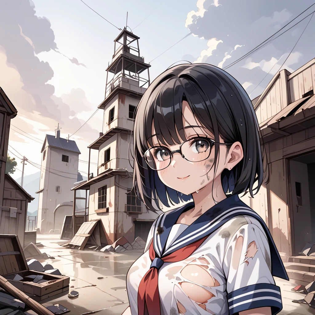 Black Hair, sailor suit,Torn clothes,Dirty clothes,Clothes with stains ,Glasses,Sweaty, Drenched ,In the mountains,Abandoned house,Abandoned Village, 1 girl, 