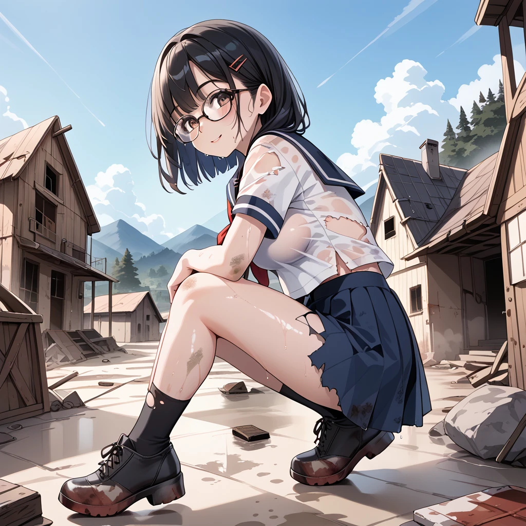 Black Hair, sailor suit,Torn clothes,Dirty clothes,Clothes with stains ,Glasses,Sweaty, Drenched ,In the mountains,Abandoned house,Abandoned Village, 1 girl, 