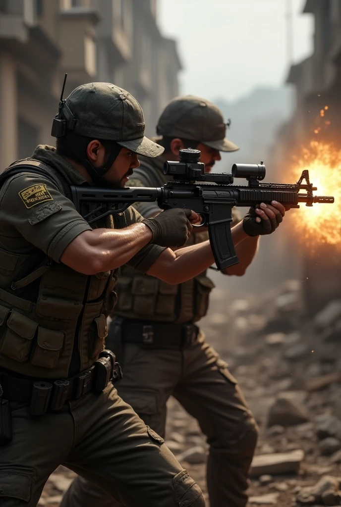 (Saudi Arabian Special Forces), urban warfare, gunfire and smoke, vivid natural detail, extreme depiction, urban detail depiction, 3 men, an Arab police car, full body, running action, gun, goggles, macadamia nuts, flag of Saudi Arabia, depth of field, surrealism, wide angle, fuji, backlit, futuristic, 8K, UHD, high resolution, ccurate, mask, smoke, fire