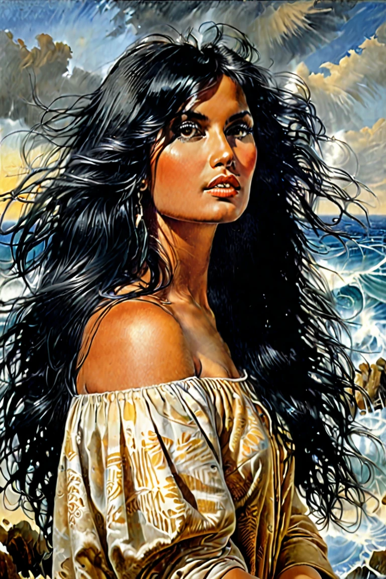  beautiful woman  Druuna with long black hair ,, Fantastic Paintings by Paolo Eleuteri Serpieri ,high quality, 