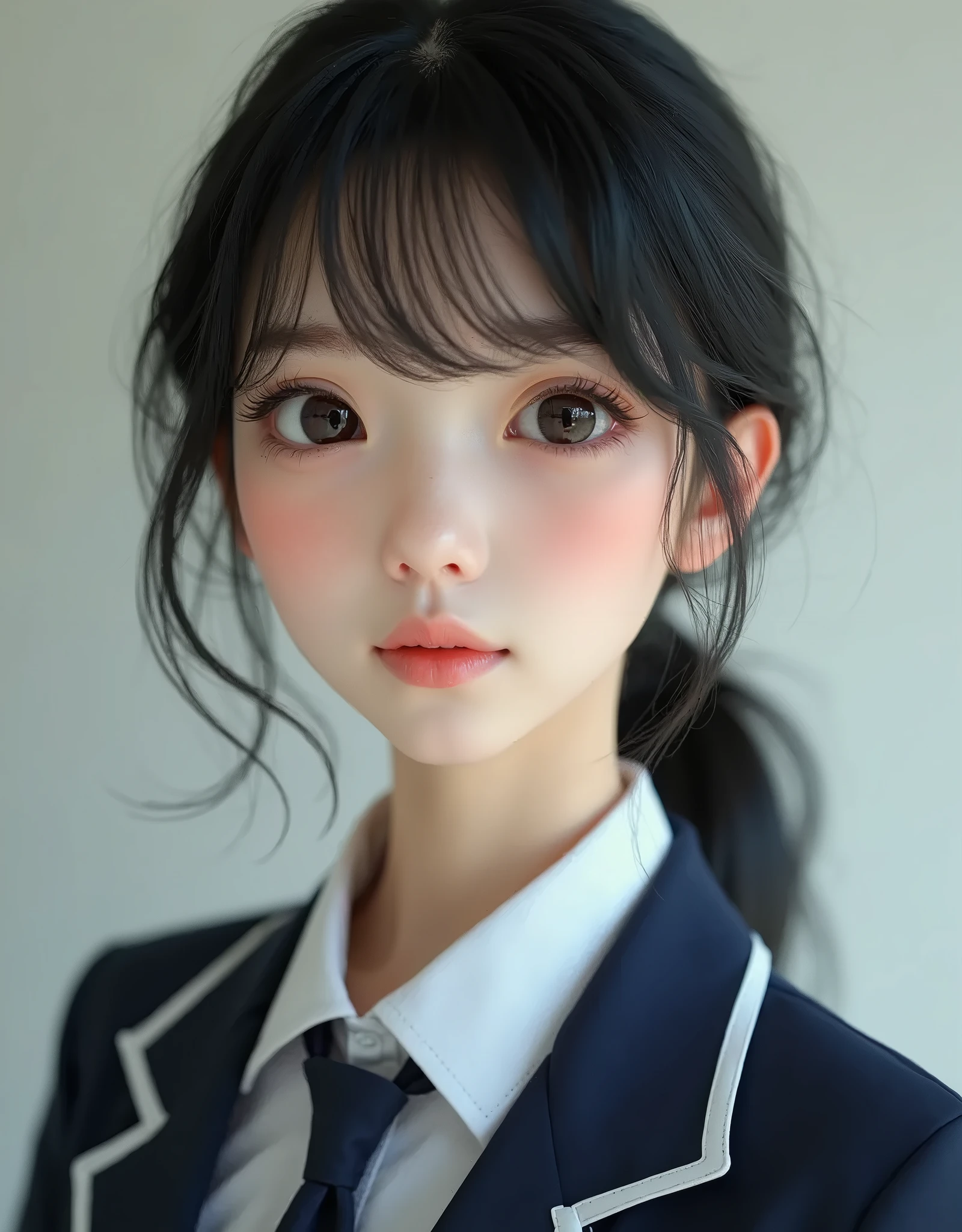 Beautiful 12 year old Japanese woman), cute face, (deeply carved face:0.7), (freckles:0.6), soft light,healthy white skin, shy, (serious face), thin, smile, uniform, ponytail