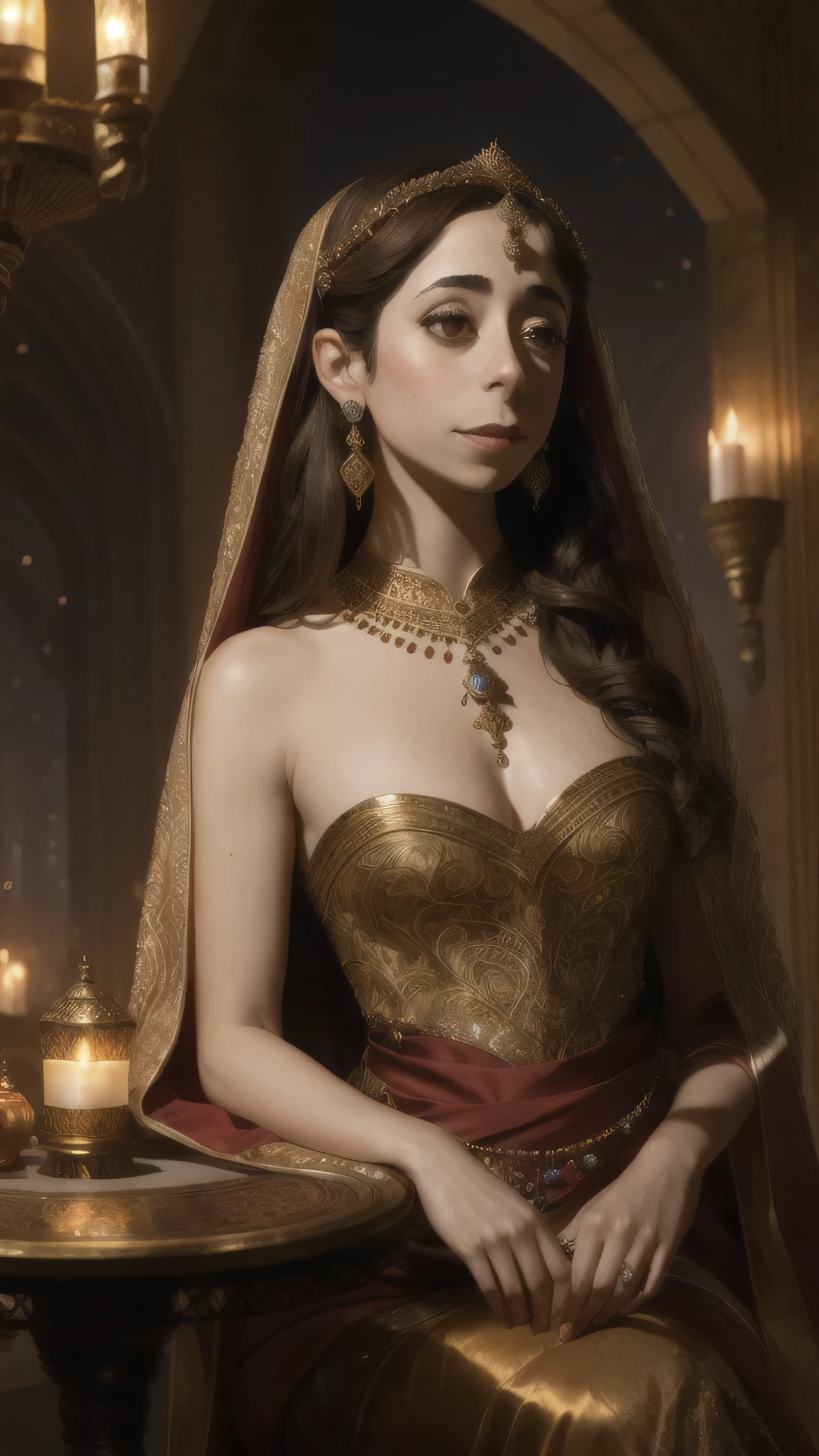 (Cristin Milioti) as Scheherazade, beautiful Middle Eastern woman, long flowing dark hair, intricate traditional attire, jewels, fine embroidery, sits in a luxurious palace chamber, soft silk cushions, ornate rugs, glowing lanterns, mysterious wise expression, gestures vividly, arched window, night sky, crescent moon, mystical magical atmosphere, (insanely detailed, beautiful detailed face, masterpiece, best quality), cinematic lighting, 1woman, solo, (full body view), front view, looking at viewer, intricate, high detail, sharp focus, dramatic, photorealistic painting art by greg rutkowski