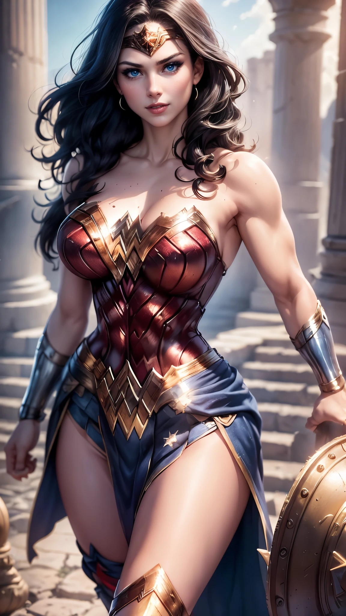 Wonder woman da DV,(best quality, 4K,8k,high resolution,work of art:1.2)(weather: midday), greek city background, temple ruins, wide hips, long straight hair, brown hair, freckles, sleeveless top, micro shorts, diadem, earrings, thigh high boots, cleavage, bracelets,  long knight skirt, long knight cloak, light makeup, dark eyeshadow, blush, flirting pose, glowing eyes, ultra detailed,portrait,realistic,beautiful detailed blue eyes, beautiful detailed lips,extremely detailed eye and face, long eyelashes,average, large breasts,flying hair,beaming smile, sexy smile, powerful girl, bright coloured, dramatic lighting,