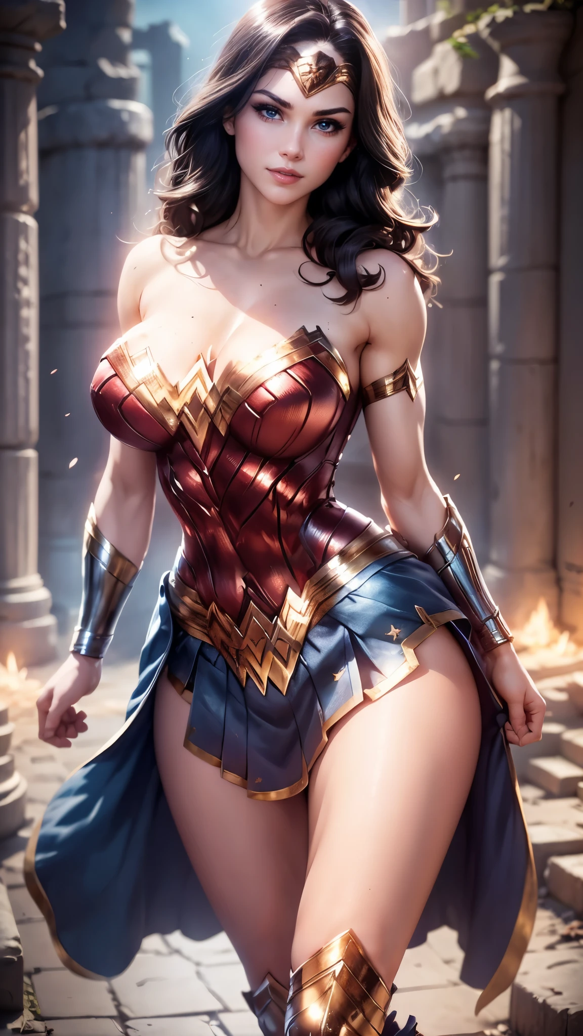 Wonder woman da DV,(best quality, 4K,8k,high resolution,work of art:1.2)(weather: midday), greek city background, temple ruins, wide hips, long straight hair, brown hair, freckles, sleeveless top, micro shorts, diadem, earrings, thigh high boots, cleavage, bracelets,  long knight skirt, long knight cloak, light makeup, dark eyeshadow, blush, flirting pose, glowing eyes, ultra detailed,portrait,realistic,beautiful detailed blue eyes, beautiful detailed lips,extremely detailed eye and face, long eyelashes,average, large breasts,flying hair,beaming smile, sexy smile, powerful girl, bright coloured, dramatic lighting,