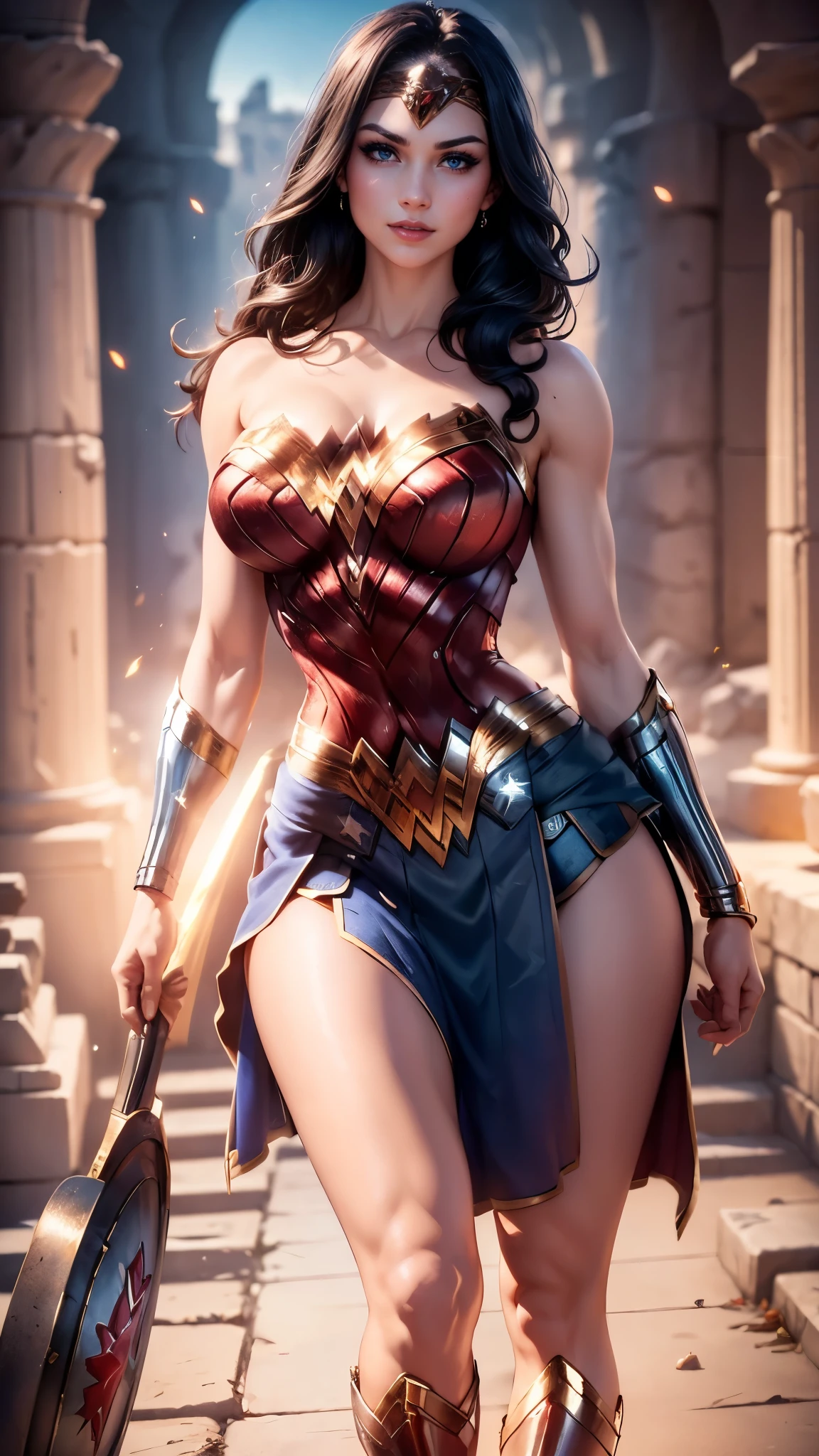 Wonder woman da DV,(best quality, 4K,8k,high resolution,work of art:1.2)(weather: midday), greek city background, temple ruins, wide hips, long straight hair, brown hair, freckles, sleeveless top, micro shorts, diadem, earrings, thigh high boots, cleavage, bracelets,  long knight skirt, long knight cloak, light makeup, dark eyeshadow, blush, flirting pose, glowing eyes, ultra detailed,portrait,realistic,beautiful detailed blue eyes, beautiful detailed lips,extremely detailed eye and face, long eyelashes,average, large breasts,flying hair,beaming smile, sexy smile, powerful girl, bright coloured, dramatic lighting,