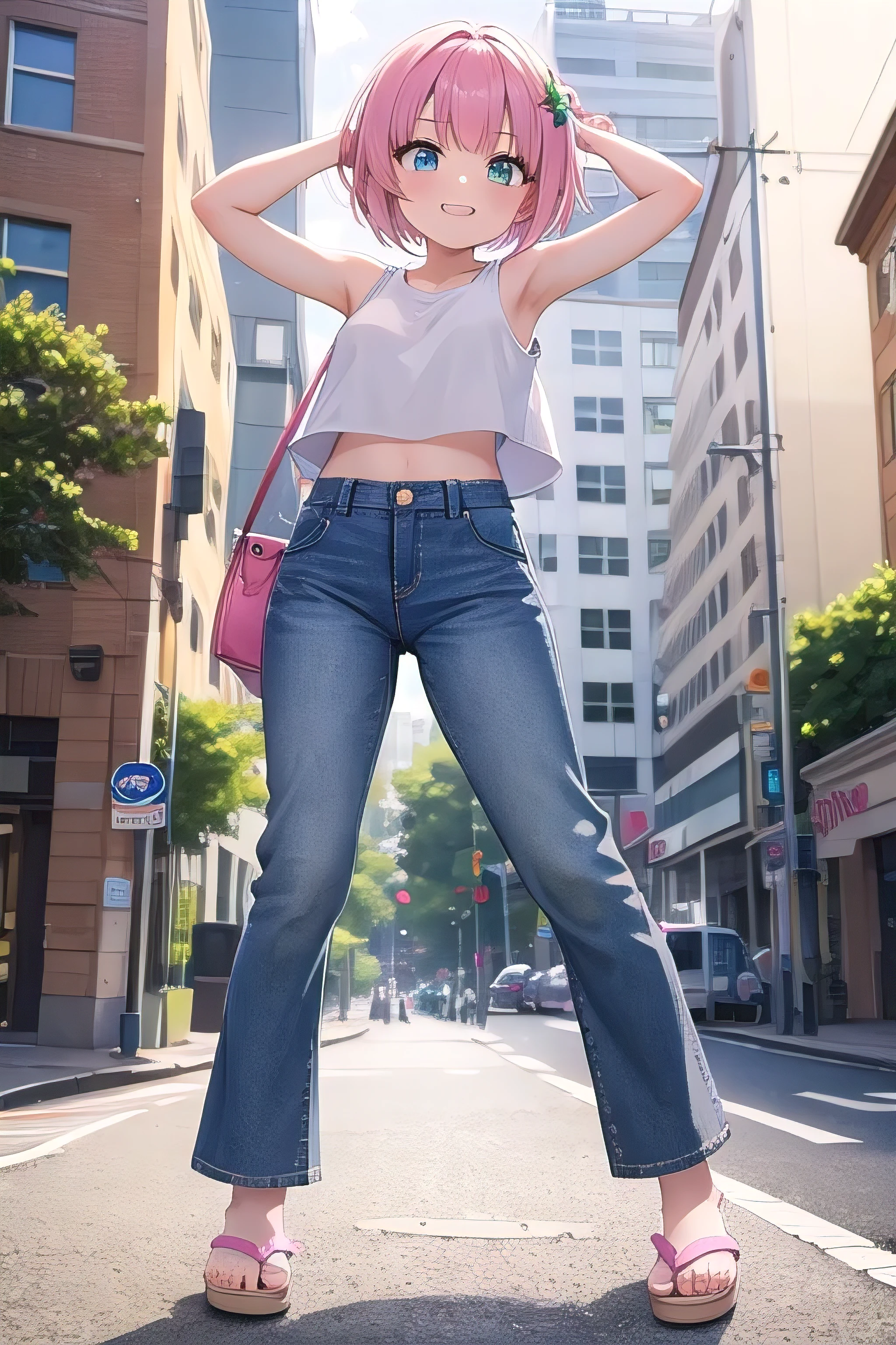 masterpiece,best quality,ultra detail,1girl, ****,petite,smile happy, on the building, bright, sunshine, pink lob hair, green eyes, pink hair, hair ornament, ribbon hair ornament, Raise your arms and behind your head,White teeth, white tank top, croptop, jeans pants, (flares jeans 1:1), blue jeans, slippers, whole body,