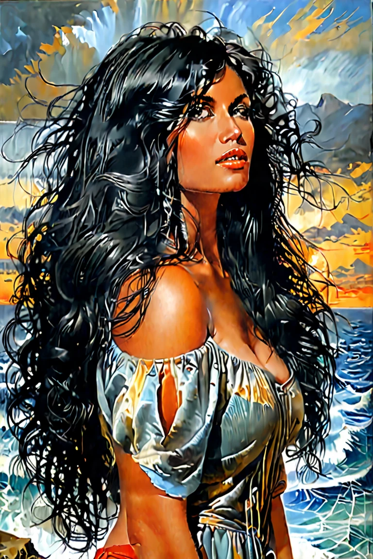  beautiful woman  Druuna with long black hair ,, Fantastic Paintings by Paolo Eleuteri Serpieri ,high quality, 