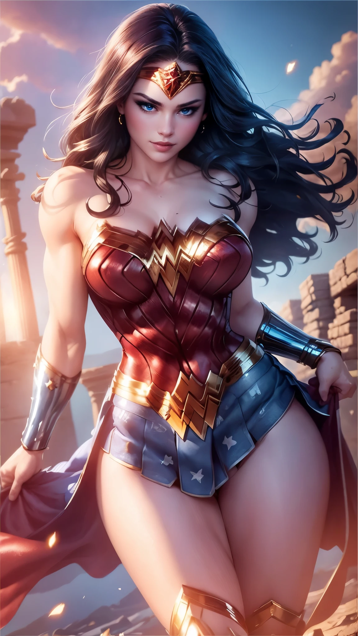 Wonder woman da DV,(best quality, 4K,8k,high resolution,work of art:1.2)(weather: midday), greek city background, temple ruins, wide hips, long straight hair, brown hair, freckles, sleeveless top, micro shorts, diadem, earrings, thigh high boots, cleavage, bracelets,  long knight skirt, long knight cloak, light makeup, dark eyeshadow, blush, flirting pose, glowing eyes, ultra detailed,portrait,realistic,beautiful detailed blue eyes, beautiful detailed lips,extremely detailed eye and face, long eyelashes,average, large breasts,flying hair,beaming smile, sexy smile, powerful girl, bright coloured, dramatic lighting,