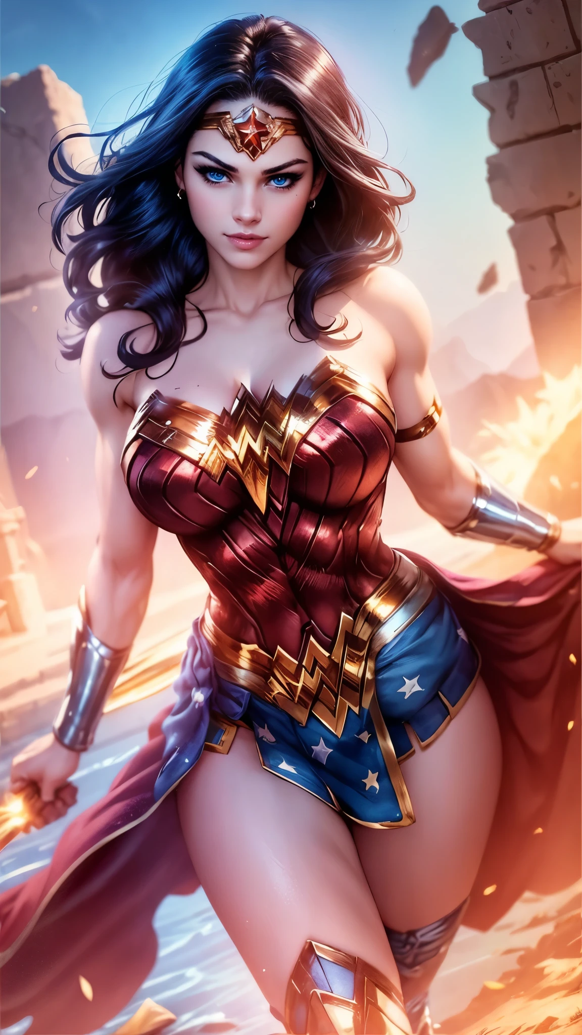 Wonder woman da DV,(best quality, 4K,8k,high resolution,work of art:1.2)(weather: midday), greek city background, temple ruins, wide hips, long straight hair, brown hair, freckles, sleeveless top, micro shorts, diadem, earrings, thigh high boots, cleavage, bracelets,  long knight skirt, long knight cloak, light makeup, dark eyeshadow, blush, flirting pose, glowing eyes, ultra detailed,portrait,realistic,beautiful detailed blue eyes, beautiful detailed lips,extremely detailed eye and face, long eyelashes,average, large breasts,flying hair,beaming smile, sexy smile, powerful girl, bright coloured, dramatic lighting,