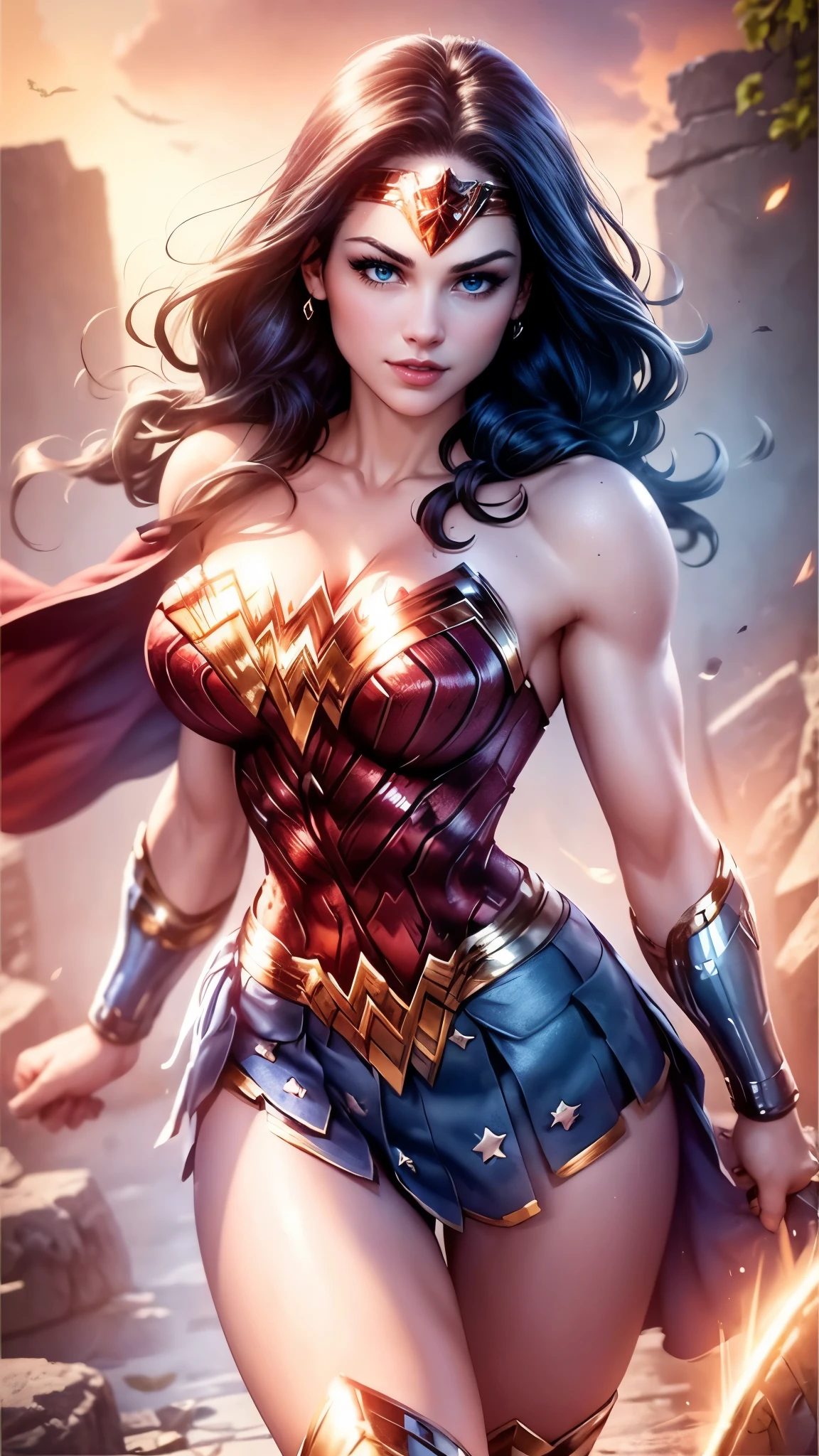 Wonder woman da DV,(best quality, 4K,8k,high resolution,work of art:1.2)(weather: midday), greek city background, temple ruins, wide hips, long straight hair, brown hair, freckles, sleeveless top, micro shorts, diadem, earrings, thigh high boots, cleavage, bracelets,  long knight skirt, long knight cloak, light makeup, dark eyeshadow, blush, flirting pose, glowing eyes, ultra detailed,portrait,realistic,beautiful detailed blue eyes, beautiful detailed lips,extremely detailed eye and face, long eyelashes,average, large breasts,flying hair,beaming smile, sexy smile, powerful girl, bright coloured, dramatic lighting,