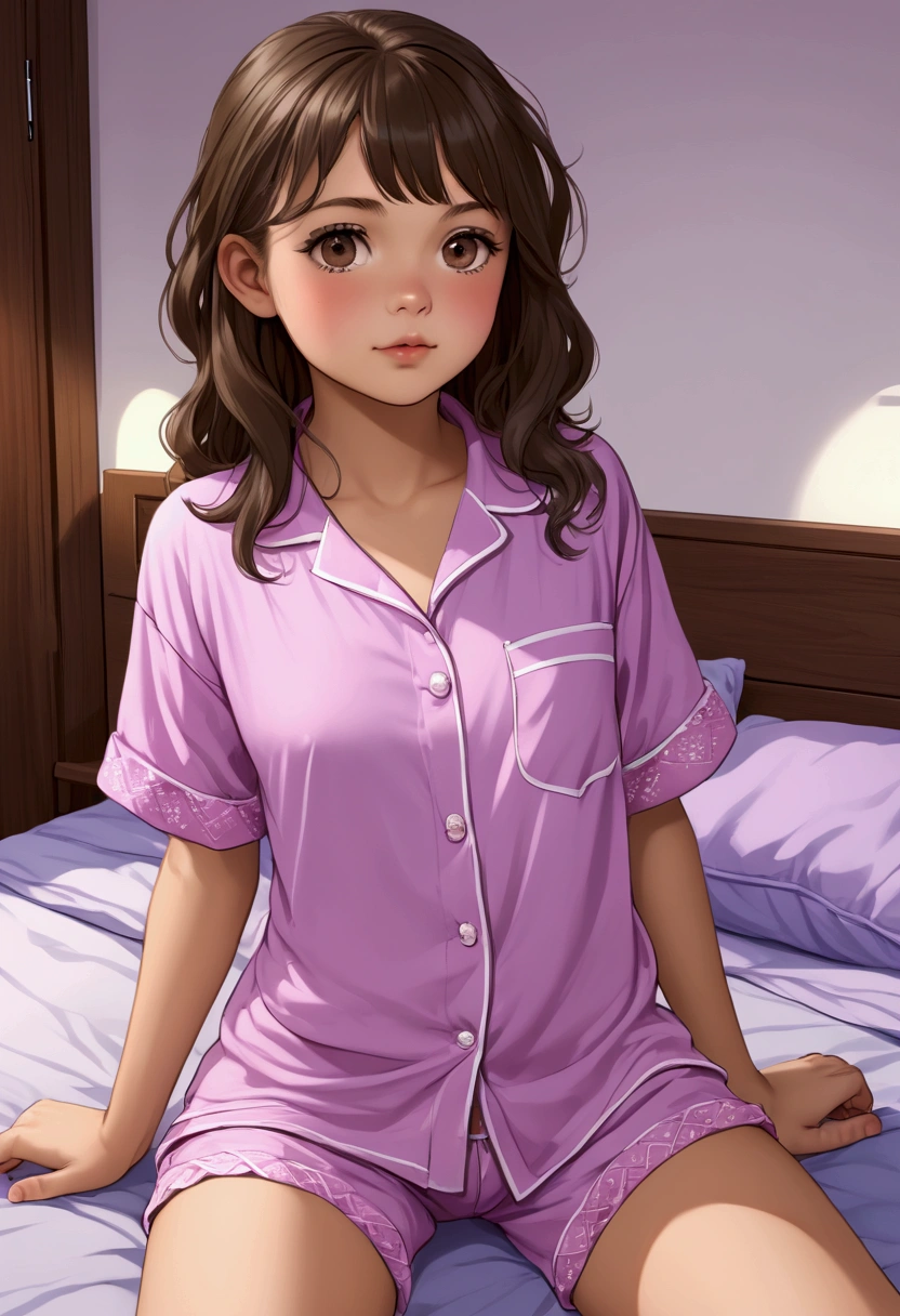 cute t girl, in bedroom relaxing, wearing loose pyjama shirt and shorts, small medium chest, keen to learn about climaxing, likes creator watching, wide diameter areola and stiff nipples 