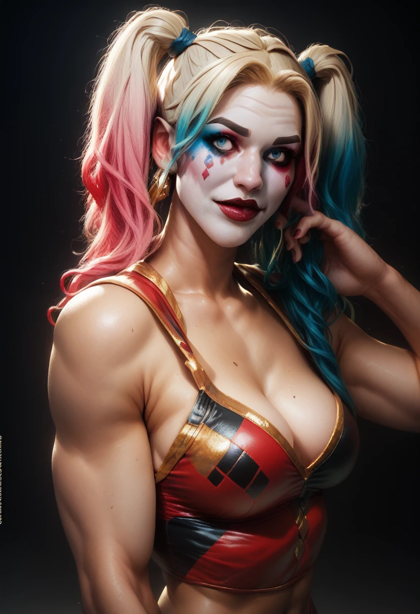 Appearance: Harley Quinn has a flamboyant look, with colorful hair, comical clothes and an aura of chaos around her, 8k high definition