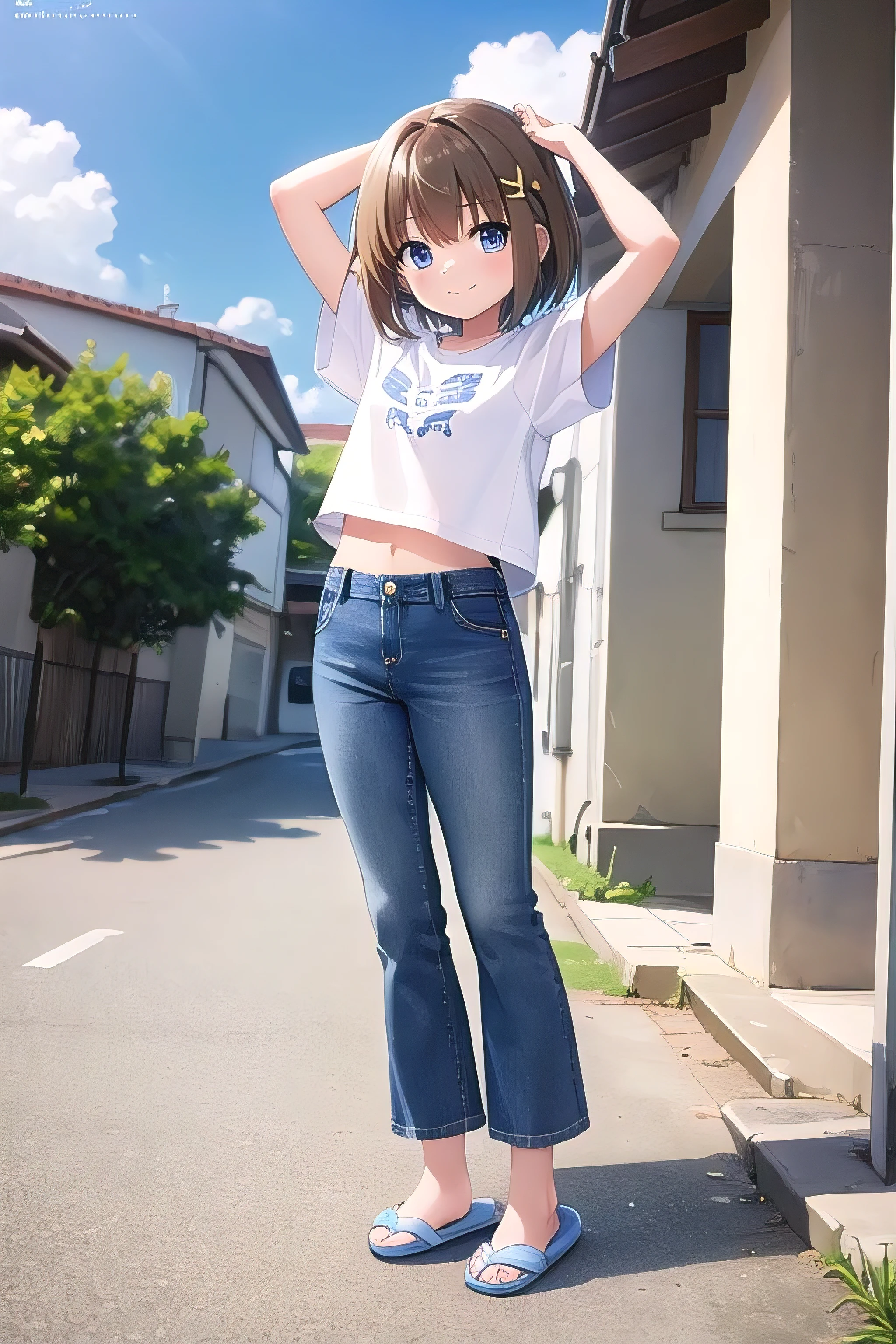 masterpiece,best quality,ultra detail,1girl, ****,***ite,smile happy, on the building, bright, sunshine, yagami hayate, short hair, blue eyes, brown hair, hair ornament, x hair ornament, Raise your arms and behind your head,White teeth, loose shirt,t-shirt, jeans pants, (flares jeans 1:1), blue jeans, slippers, whole body, wind, midriff peek