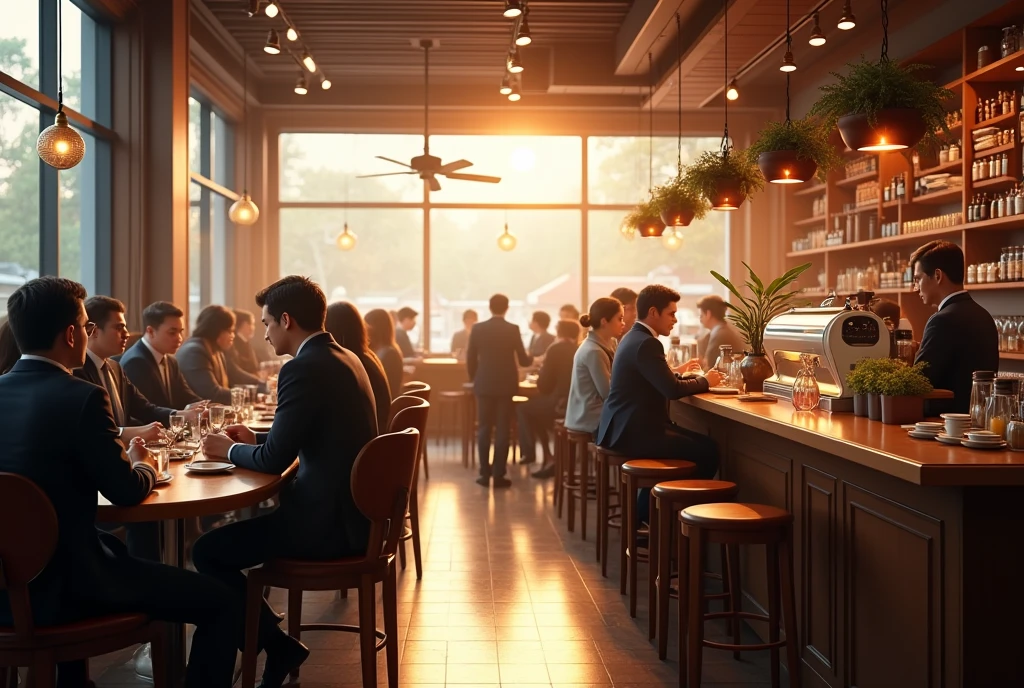 ((masterpiece, highest quality, Highest image quality, High resolution, photorealistic, Raw photo, Extremely detailed CG unified 8k wallpaper)), Dramatic Light, Volumetric Light, A morning café scene crowded with many businessmen and students,