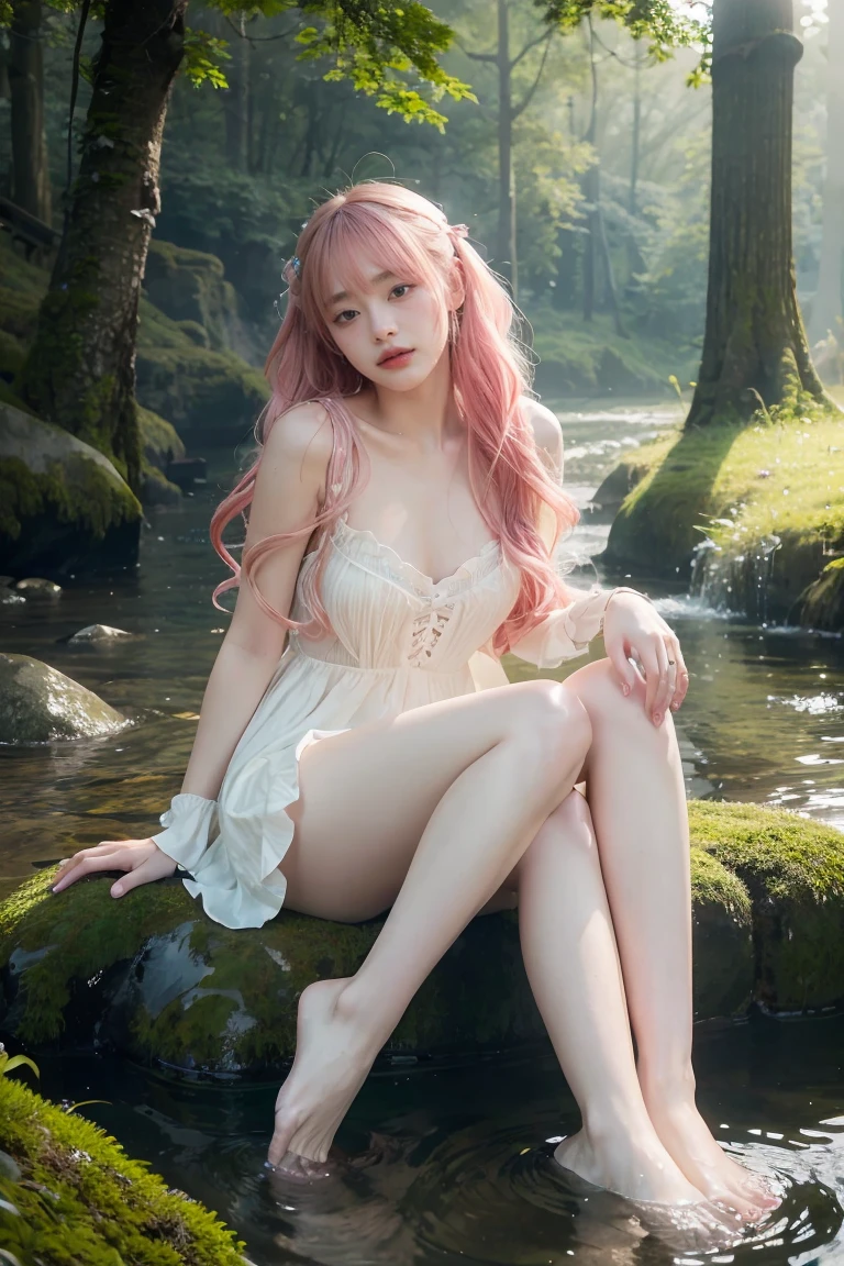 Rose from blackpink, pink hair, (full body), wearing medieval long cotton nightie clothes, sitting on a rock, feet in the water, Drenched hair, The background is a forest, sunset, (masterpiece, best quality, award winning, highres), skinny, intricate and beautiful design, highly detailed beautiful face, super detailed beautiful eyes, light smile, sitting near stream, forest, leaves flow, windy, sun lights through forest, fantasy art, dynamic lighting, cinematic lighting, hyper realistic, extremely CG detail, octane render, (artistic + masterpiece:1.4), (incredibly detailed eyes), (8k, Photorealistic, Photo RAW, Best quality: 1.4), (UHD), (Ultra high realism), (Ultra high definition), (Ultra high detail), (Realistic face), Beautiful hairstyle, Realistic bright amber eyes, Beautiful details, (Realistic skin), Pale, smooth and luminous skin with iridescent shine and no imperfections, Ultra high definition, Ultra realistic, Highly detailed, (Cleavage: 0.8)