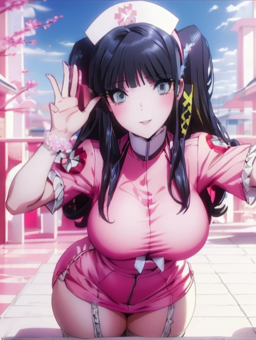 big lips, black hair, red eyes, gyaru, hime cut, huge breasts, wide hips, sexy, pink theme, detailed, outdoors, kawaii, smile, dynamic pose, evil grin, gyaru outfit, nurse outfit, white clothes, hospital background,miyuki shiba,bink bra,white shirt,nurse cloth,white head cap