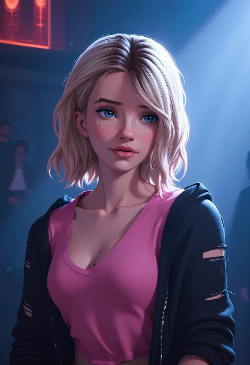 masterpiece, best quality, 1girl, upperbody, detailed eyes, beautiful detailed lips, extremely detailed face, long eyelashes, pink shirt, black jacket, torn clothes, concert, (stage), (realistic:1.37), (photorealistic:1.37), (highly detailed:1.2), dramatic lighting, vibrant colors, dramatic atmosphere, intricate clothing folds, studio lighting