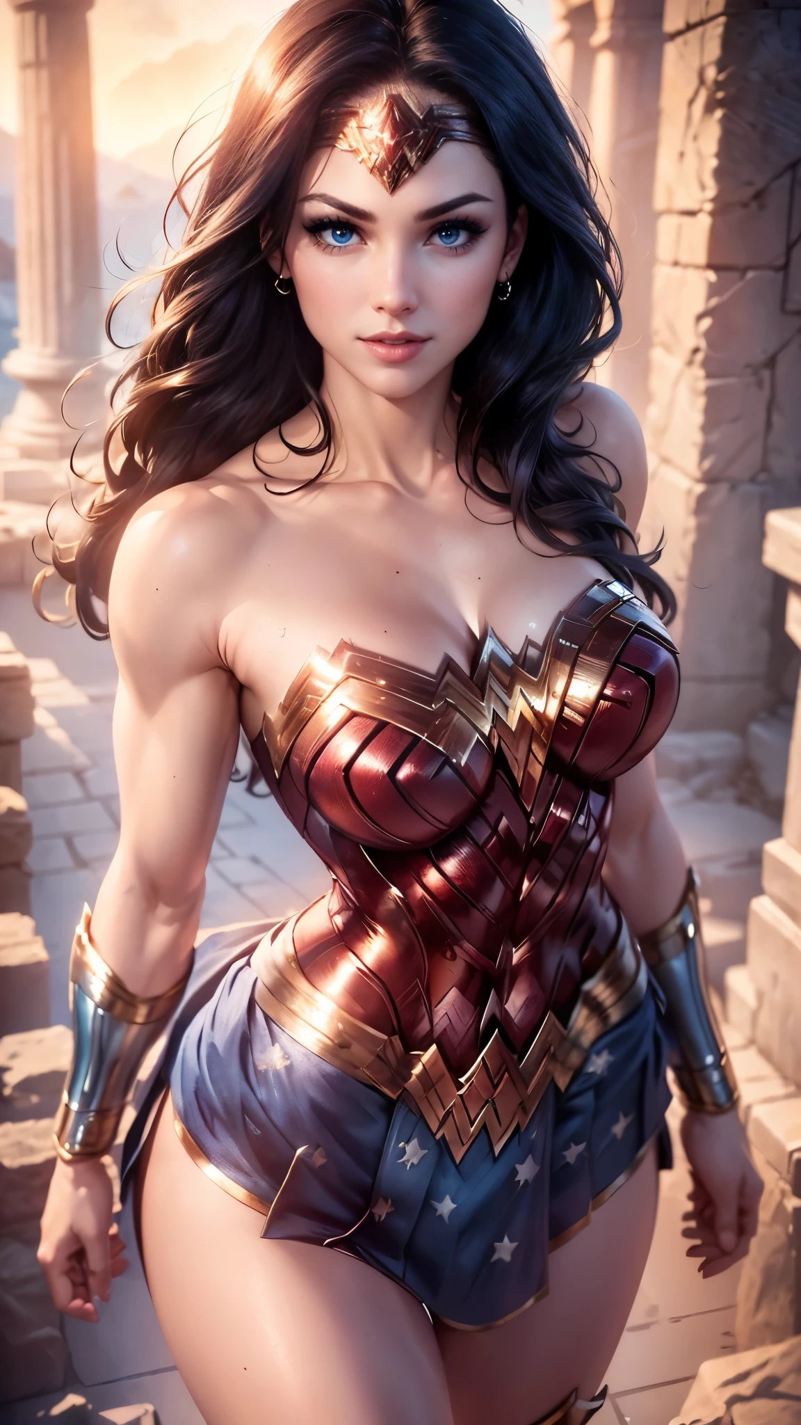 Wonder woman da DC,(best quality, 4K,8k,high resolution,work of art:1.2)(weather: sunrise), greek city background, temple ruins, wide hips, long straight hair, brown hair, freckles, sleeveless top, micro shorts, diadem, earrings, thigh high boots, cleavage, bracelets,  long knight skirt, long knight cloak, light makeup, dark eyeshadow, blush, flirting pose, glowing eyes, ultra detailed,portrait,realistic,beautiful detailed blue eyes, beautiful detailed lips,extremely detailed eye and face, long eyelashes,average, large breasts,flying hair,beaming smile, sexy smile, powerful girl, bright coloured, dramatic lighting,