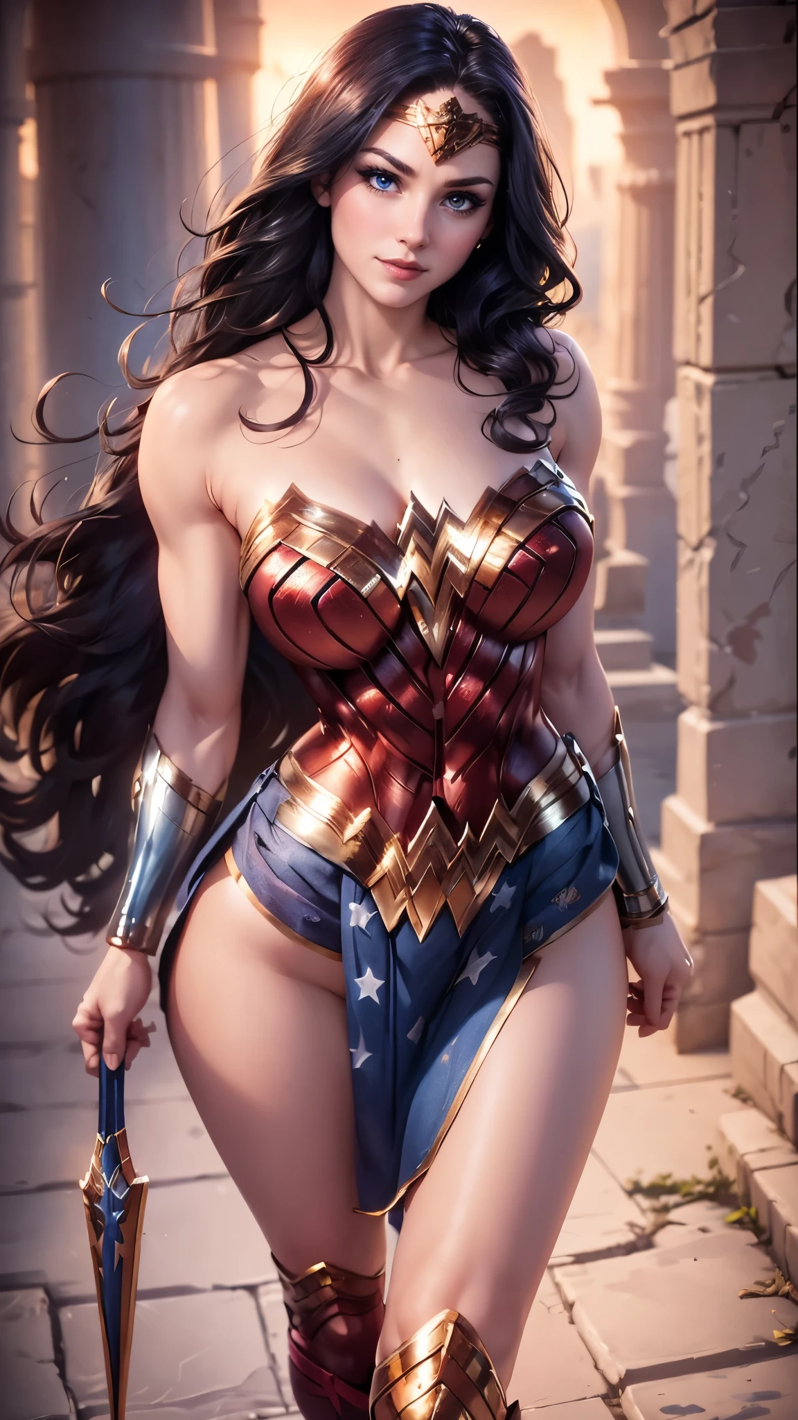 Wonder woman da DC,(best quality, 4K,8k,high resolution,work of art:1.2)(weather: sunrise), greek city background, temple ruins, wide hips, long straight hair, brown hair, freckles, sleeveless top, micro shorts, diadem, earrings, thigh high boots, cleavage, bracelets,  long knight skirt, long knight cloak, light makeup, dark eyeshadow, blush, flirting pose, glowing eyes, ultra detailed,portrait,realistic,beautiful detailed blue eyes, beautiful detailed lips,extremely detailed eye and face, long eyelashes,average, large breasts,flying hair,beaming smile, sexy smile, powerful girl, bright coloured, dramatic lighting,