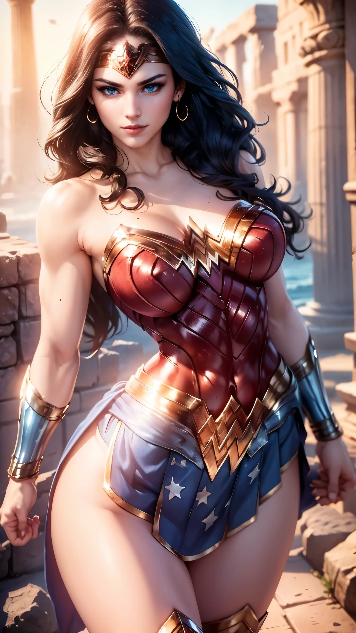 Wonder woman da DC,(best quality, 4K,8k,high resolution,work of art:1.2)(weather: sunrise), greek city background, temple ruins, wide hips, long straight hair, brown hair, freckles, sleeveless top, micro shorts, diadem, earrings, thigh high boots, cleavage, bracelets,  long knight skirt, long knight cloak, light makeup, dark eyeshadow, blush, flirting pose, glowing eyes, ultra detailed,portrait,realistic,beautiful detailed blue eyes, beautiful detailed lips,extremely detailed eye and face, long eyelashes,average, large breasts,flying hair,beaming smile, sexy smile, powerful girl, bright coloured, dramatic lighting,