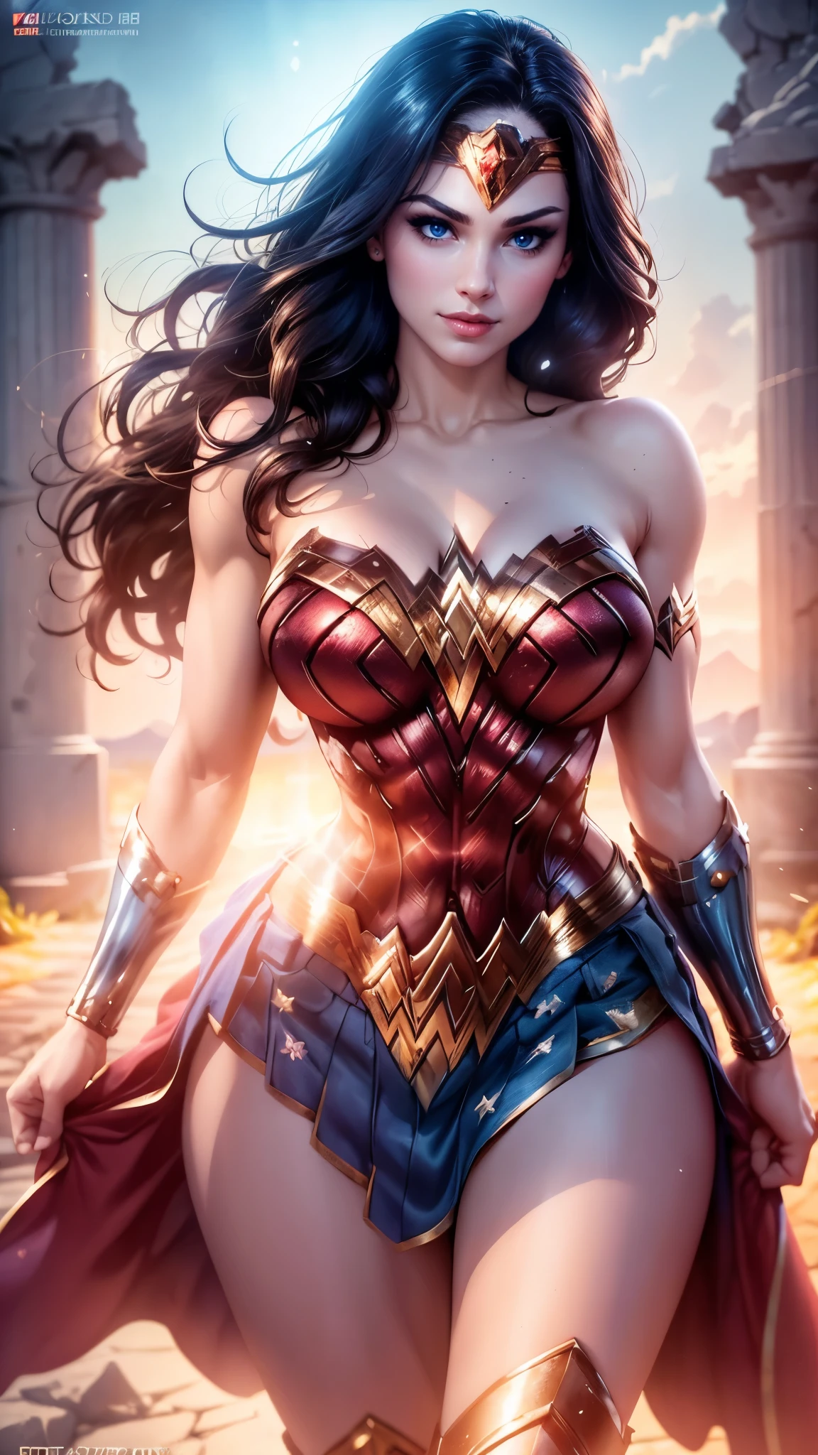 Wonder woman da DC,(best quality, 4K,8k,high resolution,work of art:1.2)(weather: sunrise), greek city background, temple ruins, wide hips, long straight hair, brown hair, freckles, sleeveless top, micro shorts, diadem, earrings, thigh high boots, cleavage, bracelets,  long knight skirt, long knight cloak, light makeup, dark eyeshadow, blush, flirting pose, glowing eyes, ultra detailed,portrait,realistic,beautiful detailed blue eyes, beautiful detailed lips,extremely detailed eye and face, long eyelashes,average, large breasts,flying hair,beaming smile, sexy smile, powerful girl, bright coloured, dramatic lighting,