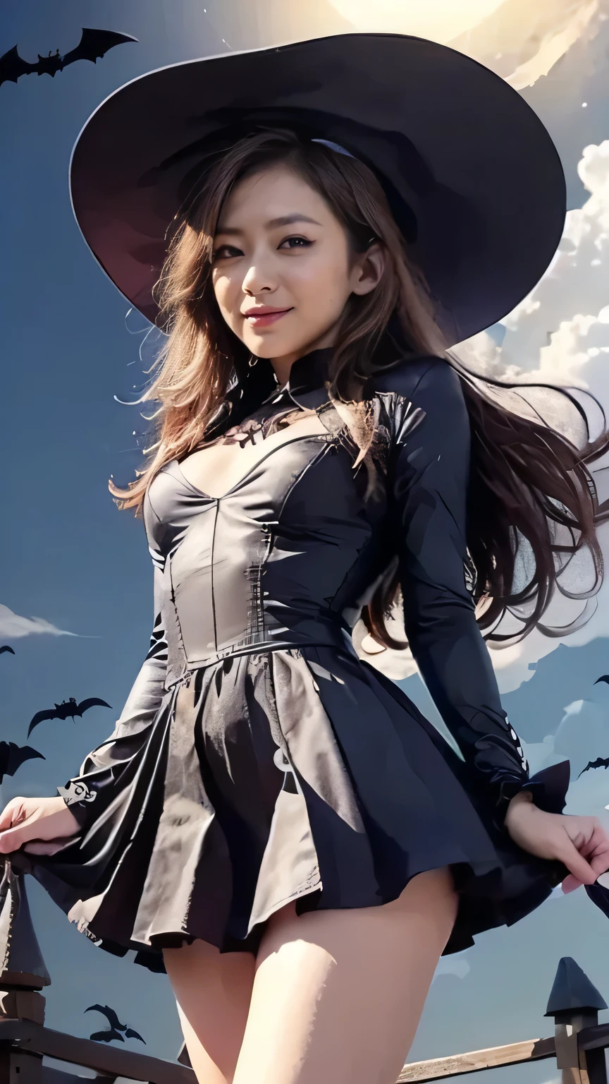  Halloween Night:1.3、(witch、(Squint your eyes and laugh:1.5、 big smile ))、(( Halloween cosplay、Black pointed hat、witch costume、 pleated skirt:1.2)、 cleavage)、( viewed from below)、(Realistic、 as in the picture 、live-action、8k, Realistic, RAW photo, Highest quality: 1.4),  SLR camera 、RAW photo, Best Quality, Realistic,  Highly Detailed CG Unity 8k Wallpaper,  the depth of the boundary written , Cinematic Light,  lens flare ,  ray tracing, Realistic background、(( super dense skin ))、 after school、(whole body:1.5)、(Long Hair:1.2、  Hair Blown in the Wind :1.4)、i like that style、 stylish 、 very detailed、  pay attention to the details 、Perfect outfit、( tanned skin)、Accurate hands、Accurate legs、 Detailed hands and fingers 、  Anatomically Correct Body 、Thin legs、 thin thighs、 small breasts、 very detailedな顔