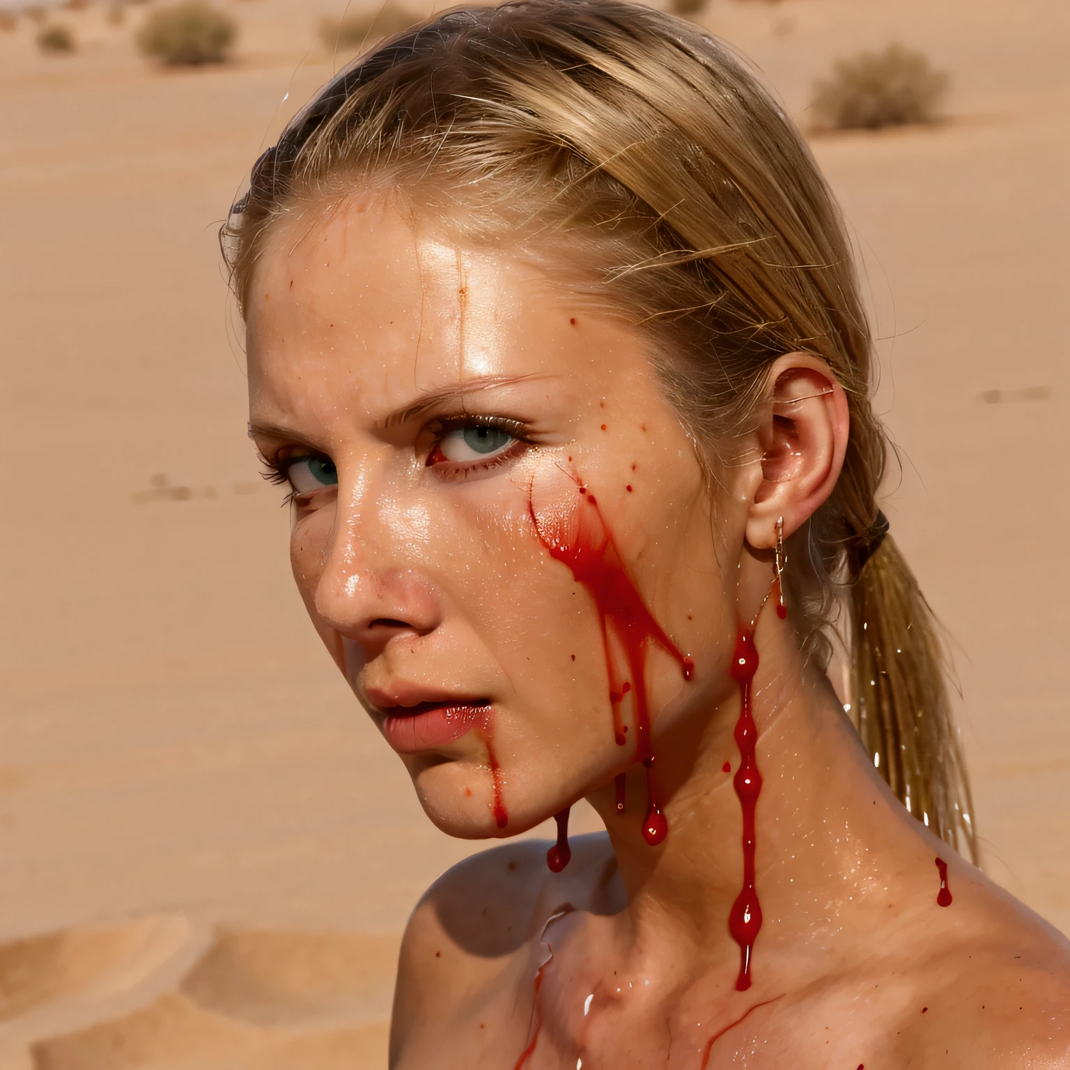 score_9, score_8_up, score_7_up, (masterpiece, UHD, 8K, 16K, ultra detailed), Beautiful 18 years old Woman, woman is completely naked, dirty, She is a fragile and lost woman in a war and desert environment. She has straight blonde hair and bangs, green eyes, and flawless white skin, ((white skin:0.9)), (((the woman are dripping blood))), Despite being an experienced combatant, Sweaty and tired, but continues to fight with determination. Use bright sunlight and desert sand to create a realistic scene, desolate atmosphere. Try different angles and perspectives to capture the essence of their bravery and resilience, and use a hot, earthy color palette to emphasize the dry, desert environment.