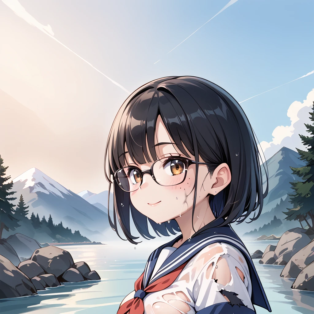 Black Hair, sailor suit,Torn clothes,Dirty clothes,Clothes with stains ,Glasses,Sweaty, Drenched ,In the mountains, 1 girl, 