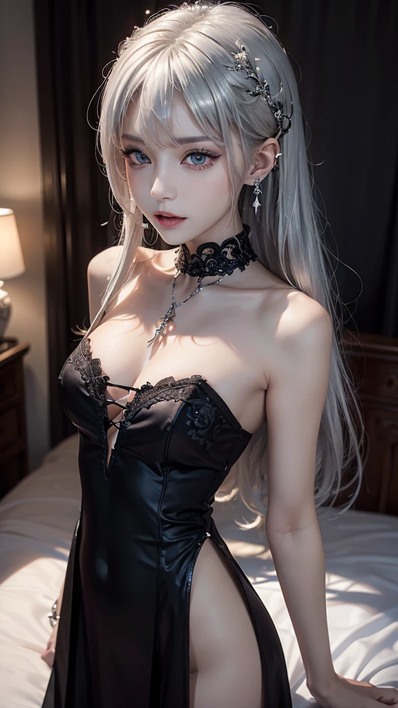 {{{{{masterpiece}}}}},{{{8k}}},photorealistic, {ultra detailed}, {{{absurdres}}}, {cinematic lighting}, backlit,1girl,{tan},solo,medium breasts, highly detailed facial features, {eyeshadow}, thick eyelashes,{{{beautiful, detailed eyes}}},{{{elf ears, succubus horns, silver hair, red eyes, }}},sharp fingernails,ultra detailed background , ultra detailed hair,princess hair,tiara,hair covering one eye,tiara,ultra detailed clothing,dog collar ,,{{{dramatic pose}}},nsfw,blushing,nip slip, breast squeeze, pussy peek,excercising,dripping wet pussy