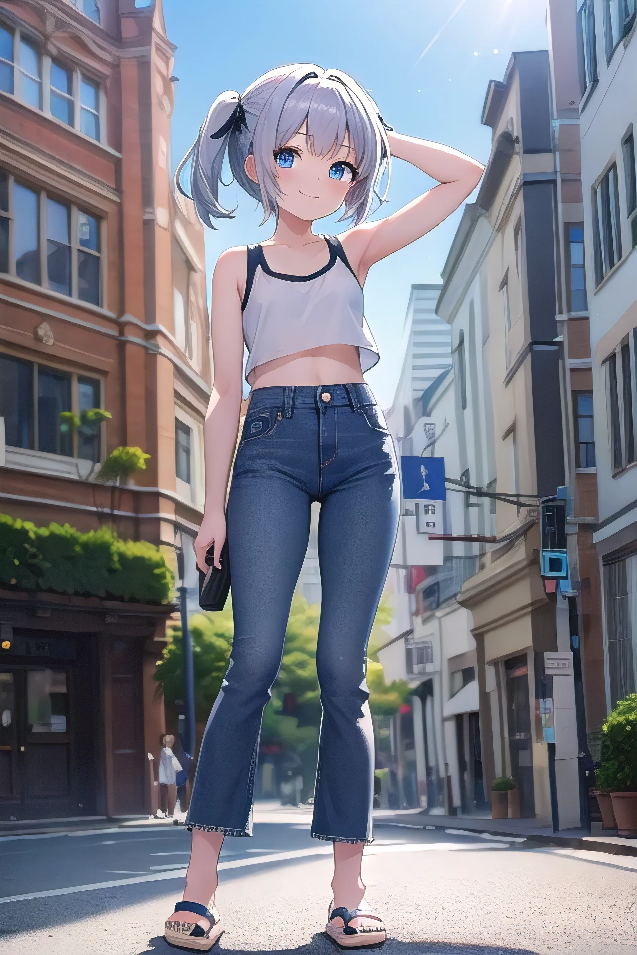 masterpiece,best quality,ultra detail,1girl, yo,pee,smile happy, on the building, bright, sunshine, lob hair, blue eyes, silver hair, hair ornament, ribbon hair ornament, Raise your arms and behind your head,White teeth, white tank top, croptop, jeans pants, (flares jeans 1:1), blue jeans, slippers, whole body,