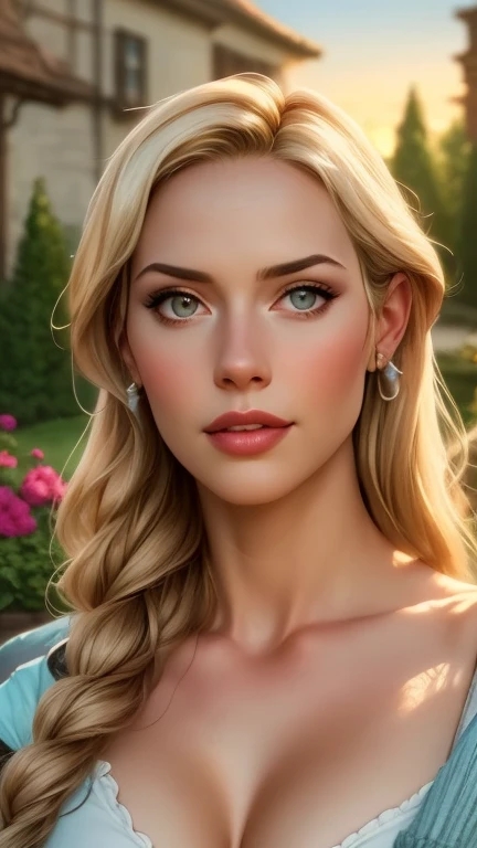 a beautiful young woman with long blonde hair, holding a broom, stunning detailed portrait, cinderella, Disney princess, full body shot, detailed fantasy garden background, warm lighting, soft colors, detailed texture, photorealistic, hyperrealistic, cinematic lighting, intricate detail, high quality, masterpiece