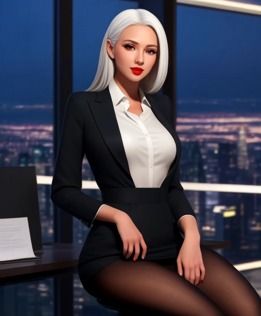 A beautiful, high-quality masterpiece of a European goddess-like woman wearing business clothes, focusing on her face. She dons a formal blazer over a white shirt, paired with a black high-waist business skirt, black transparent pantyhose, and high heels. Her white hair is long, and her red eyes are perfect, with soft lighting enhancing her extremely detailed face. She has beautiful, perfect hands and a slender, thin figure with medium breasts. Sitting in a luxurious black leather office chair, she exudes an air of a CEO. Behind her, huge modern windows frame the night city skyline, adding to the sophisticated atmosphere.