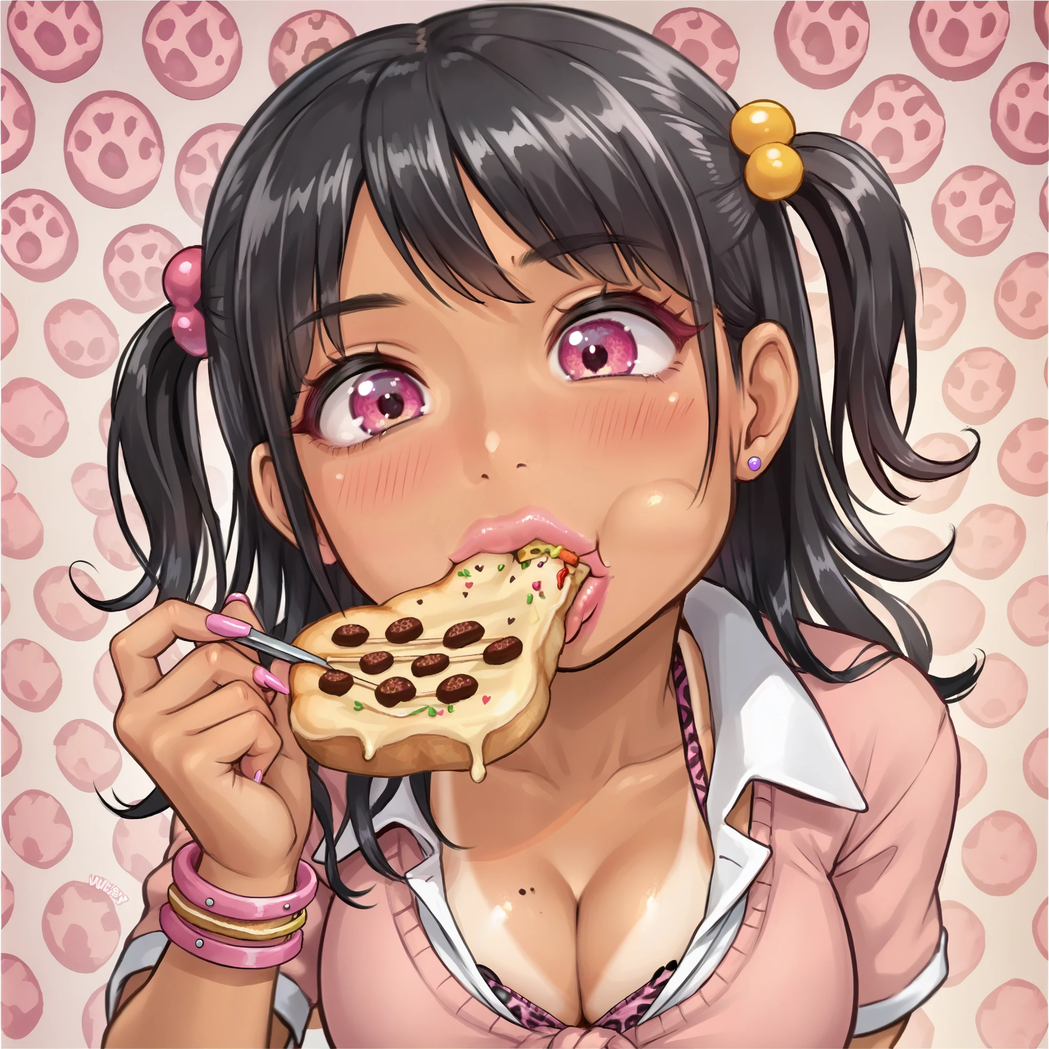 ((sexy girl, gyaru)), bimbo, nsfw, lewd, cute, ero, ecchi, suggestive, tan skin, big butts, thick thighs, huge , big eyes, glamorous, blushing, flushed face, pink eyes, big lips, two side up black hair, tan lines, leopard print bra, leopard print panties, any pose, hair accessories, thicker, longer hair, cute, super cutesy, cutesy, kawaii, cute expression, pouty lips, blushing, kawaii background, cute detailed background, detailed background, elegantly eating pov, eating yummy snack, perfect food porn, eating,  Score_9,Score_8,score_7_up,source_anime, rating_questionable, (food povhldg) (eating pov) in lunchroom cafeteria ((3RD PERSON POV)) ((THIRD PERSON PERSPECTIVE SHOT FULL BODY)), ((school girl pink outfit)), 