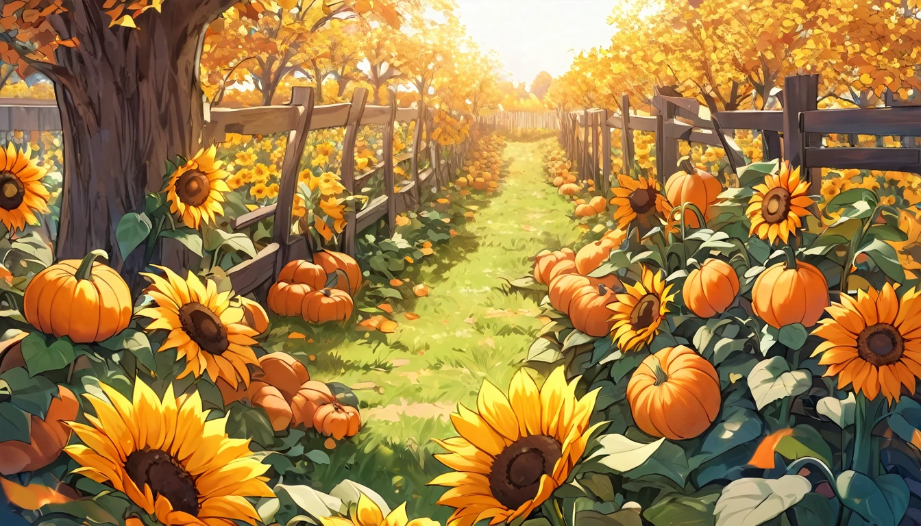 Autumn view of some fallen and cozy flowers in a pumpkin patch on a sunny afternoon. In one corner, a cheerful little pumpkin named Pip sat with a playful expression while laughing heartily. Pip's eyes narrowed, his mouth opened wide, burping, looking very happy. Around Pip, several other pumpkins, each with a friendly and cheerful face, laughed with him, adding to the joy of the atmosphere. In the background, a rustic wooden fence runs along the edge of the plot, with arrows pointing to a field, with tall sunflowers standing proudly behind it, adding a bright yellow contrast to the autumnal orange. On the left side, there is a wooden sign with various arrows pointing in different directions, and one of the arrows near Pip says, “Pip the Pumpkin.” Across the plot, there is another collection of pumpkins, balancing the view. The warm colors of pumpkins, sunflowers and leaves, combined with the soft shadows of the afternoon light, create a welcoming and cheerful atmosphere that reflects the spirit of autumn and the cheerful charm of Pip's antics.