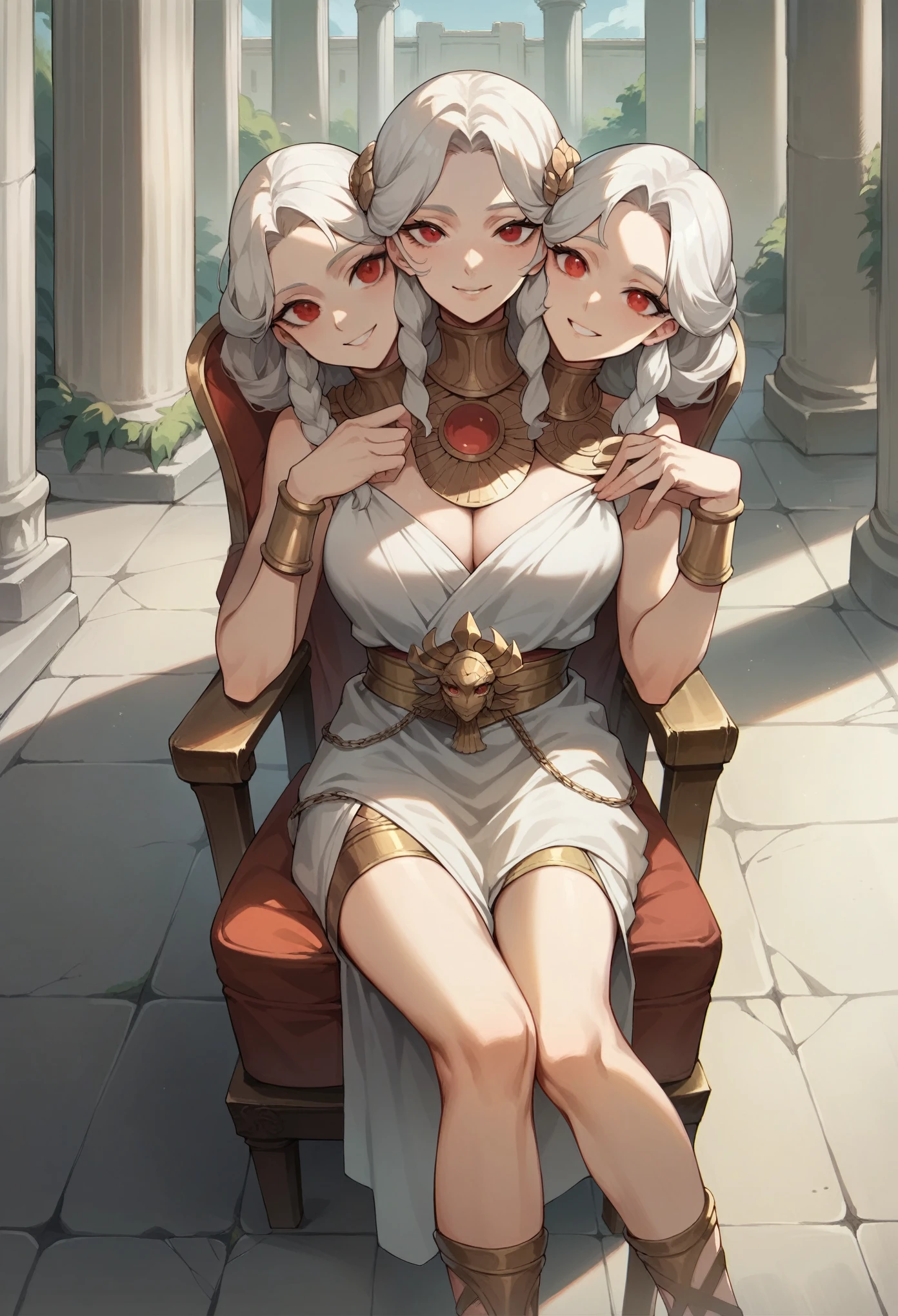 anime, (masterpiece, best quality), best resolution, three heads, conjoined, 1girl, close up, sitting in a chair, white hair, different hairstyles, red eyes, greek clothes, smiling, relaxed, room in a greek temple