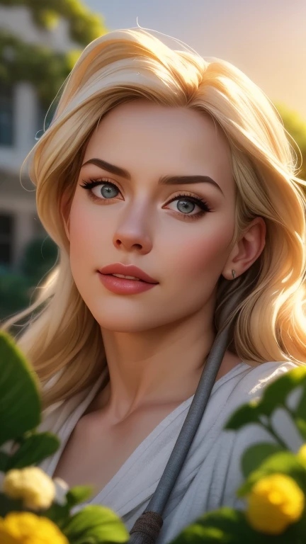 a beautiful young woman with long blonde hair, detailed portrait, 1girl, disney princess, cinderella, holding broom, full body shot, detailed fantasy garden background, warm lighting, soft colors, detailed texture, photorealistic, hyperrealistic, cinematic lighting, intricate detail, best quality, 4k, 8k, highres, masterpiece:1.2, ultra-detailed, realistic:1.37, HDR, UHD, studio lighting, ultra-fine painting, sharp focus, physically-based rendering, extreme detail description, professional, vivid colors, bokeh