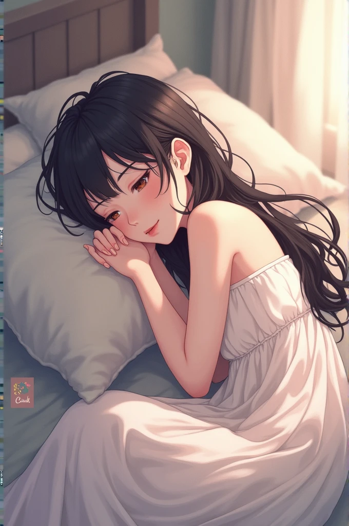 there is a girl laying on a bed with a hello kitty pillow, artwork in the style of guweiz, guweiz, guweiz on pixiv artstation, guweiz on artstation pixiv, soft anime illustration, very beautiful cute catgirl, cute anime girl, beautiful anime girl, smooth anime cg art, kawaii realistic portrait