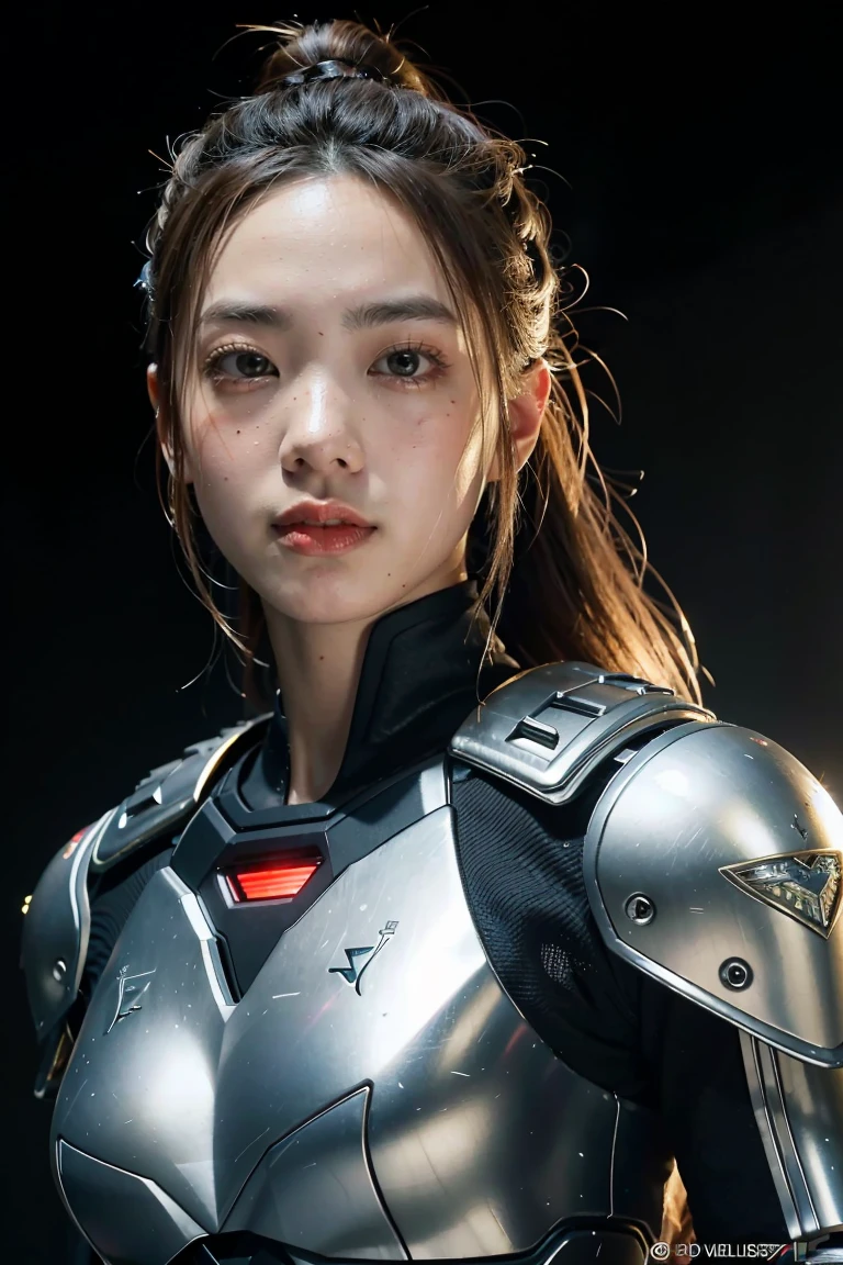 Game art，The best picture quality，Highest resolution，8K，(A bust photograph)，(A bust:1.5)，(Portrait)，(Head close-up)，(Rule of thirds)，Unreal Engine 5 rendering works， (The Girl of the Future)，(Female Warrior)， 20-year-old girl，An eye rich in detail，(Big breasts)，Elegant and noble，indifferent，brave， (Future style combat suit combining the characteristics of ancient armor，Ancient runes of light，Combat accessories with rich detailetallic luster)，Future police，cyberpunk characters， photo poses，simple background，Movie lights，Ray tracing，Game CG，((3D Unreal Engine))，OC rendering reflection pattern