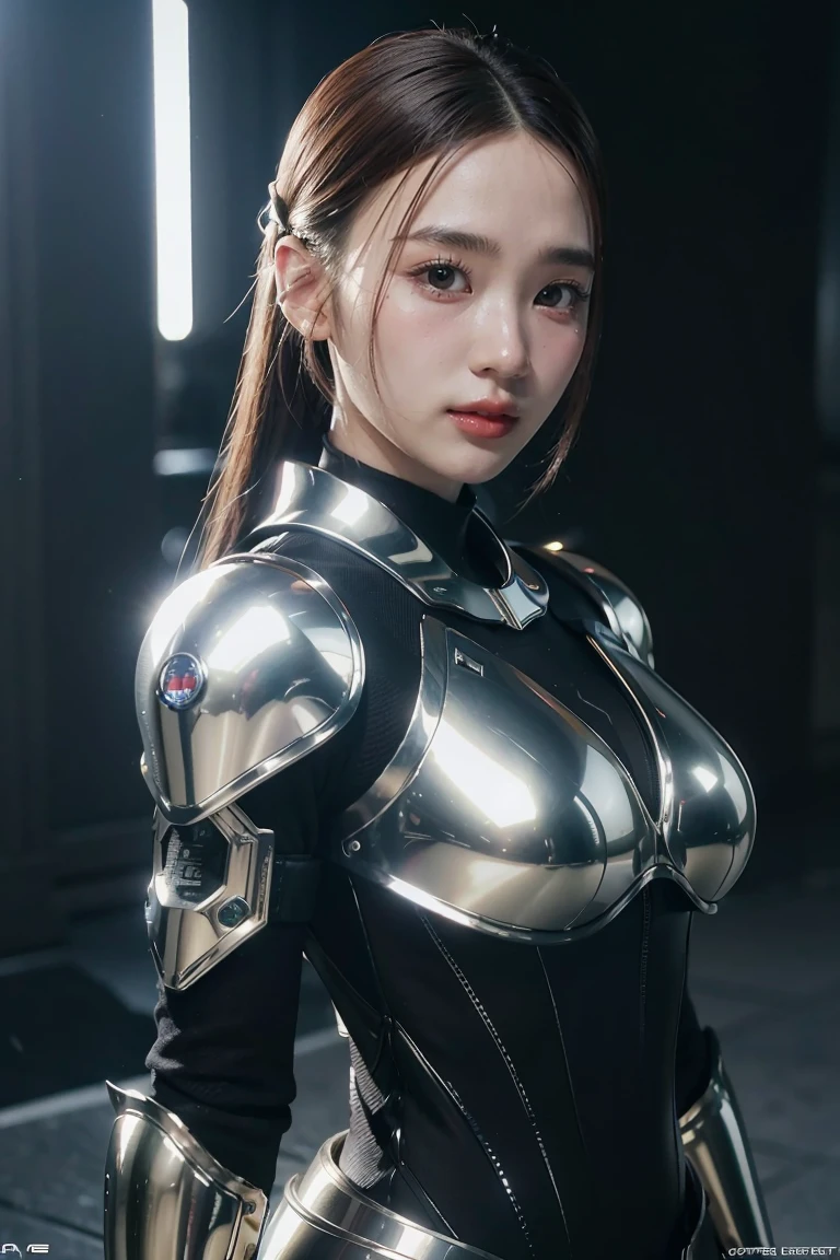 Game art，The best picture quality，Highest resolution，8K，(A bust photograph)，(A bust:1.5)，(Portrait)，(Head close-up)，(Rule of thirds)，Unreal Engine 5 rendering works， (The Girl of the Future)，(Female Warrior)， 20-year-old girl，An eye rich in detail，(Big breasts)，Elegant and noble，indifferent，brave， (Future style combat suit combining the characteristics of ancient armor，Ancient runes of light，Combat accessories with rich detailetallic luster)，Future police，cyberpunk characters， photo poses，simple background，Movie lights，Ray tracing，Game CG，((3D Unreal Engine))，OC rendering reflection pattern