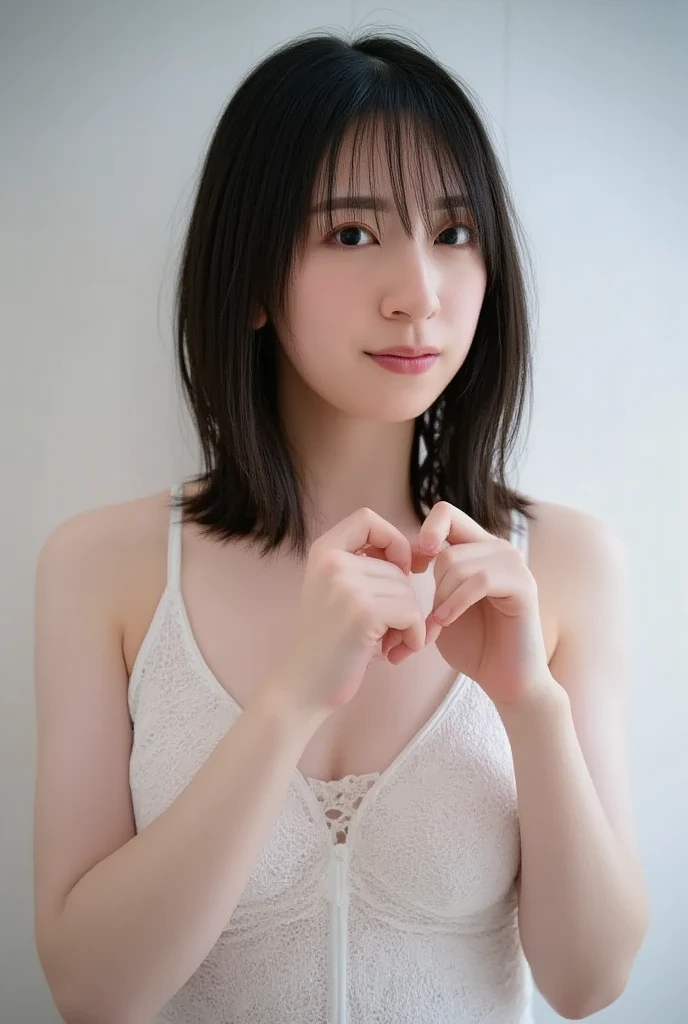 She is in a pose wearing a sexy camisole, making a firm big heart shape with both hands, and holding it in front of her chest, Cute smile up、Monotone background

